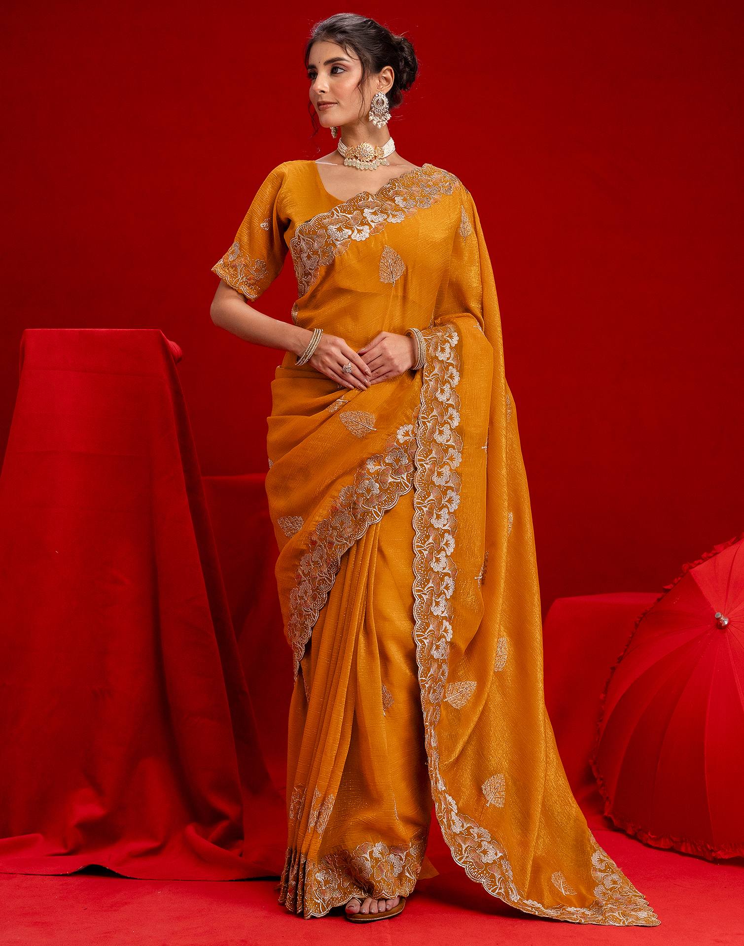 Orange Shimmer Chiffon Sequence Embroidery saree