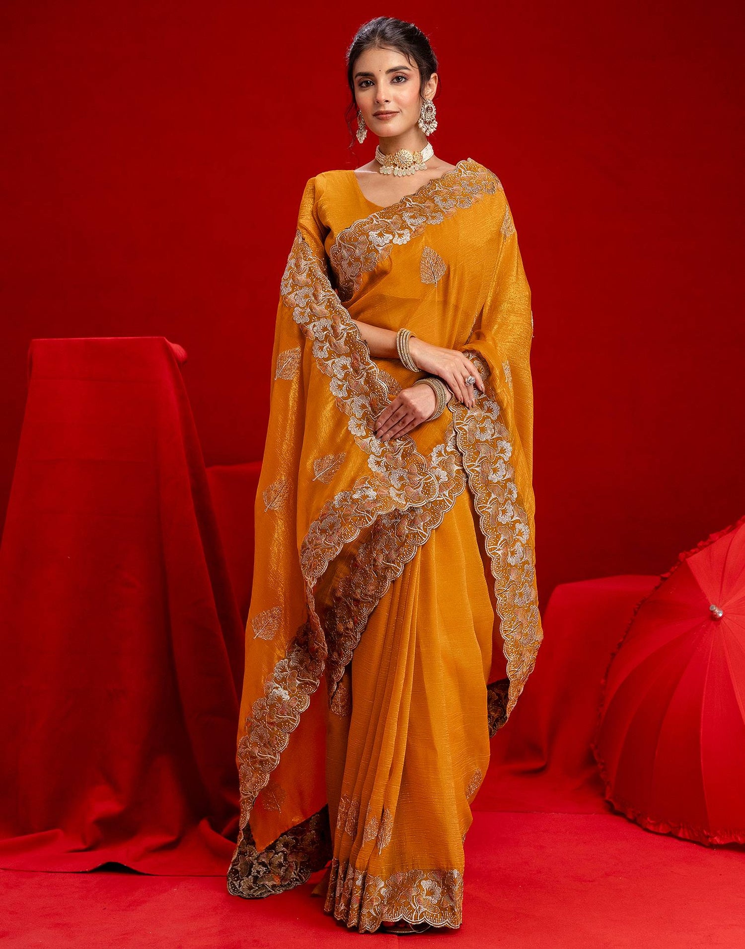 Orange Shimmer Chiffon Sequence Embroidery saree