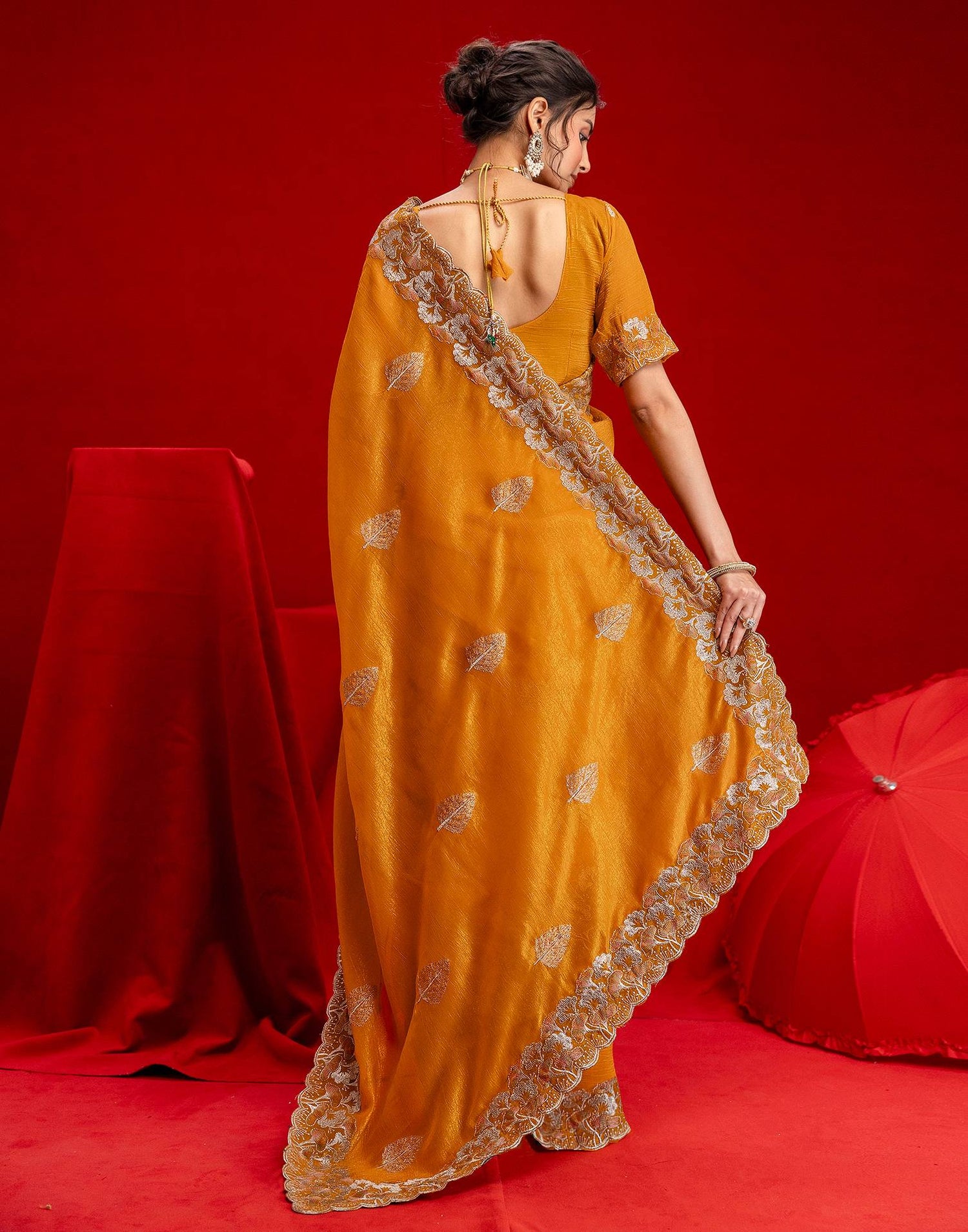 Orange Shimmer Chiffon Sequence Embroidery saree