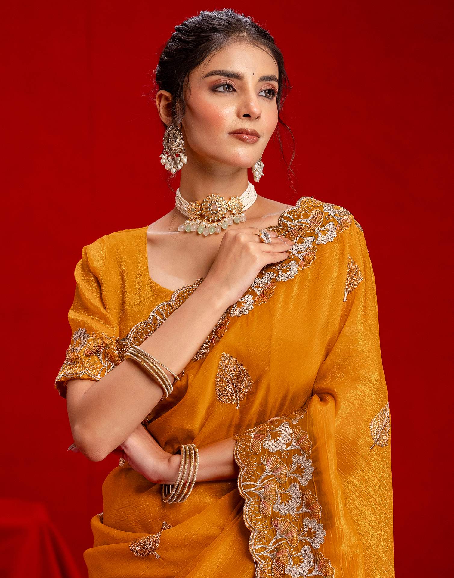 Orange Shimmer Chiffon Sequence Embroidery saree
