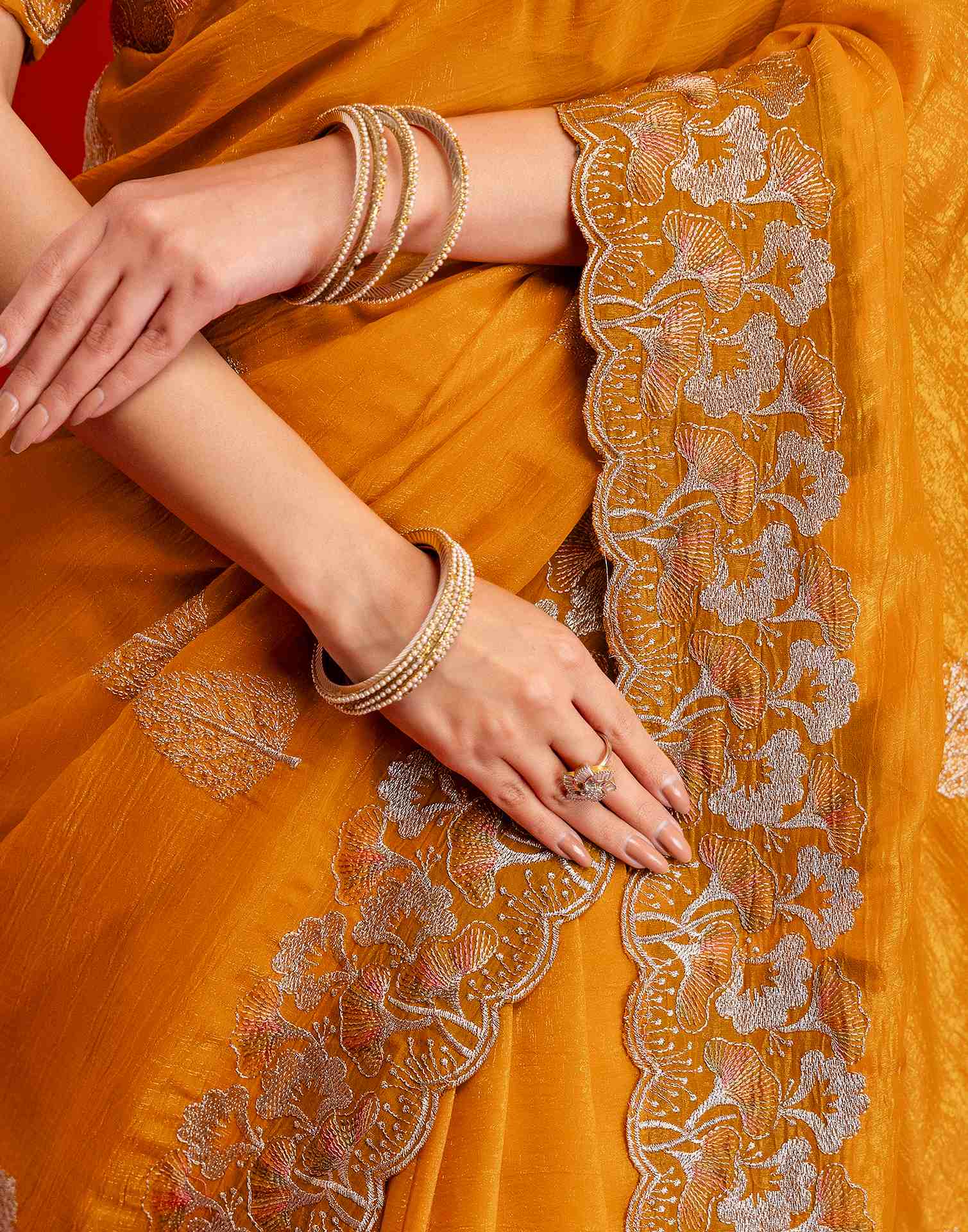 Orange Shimmer Chiffon Sequence Embroidery saree