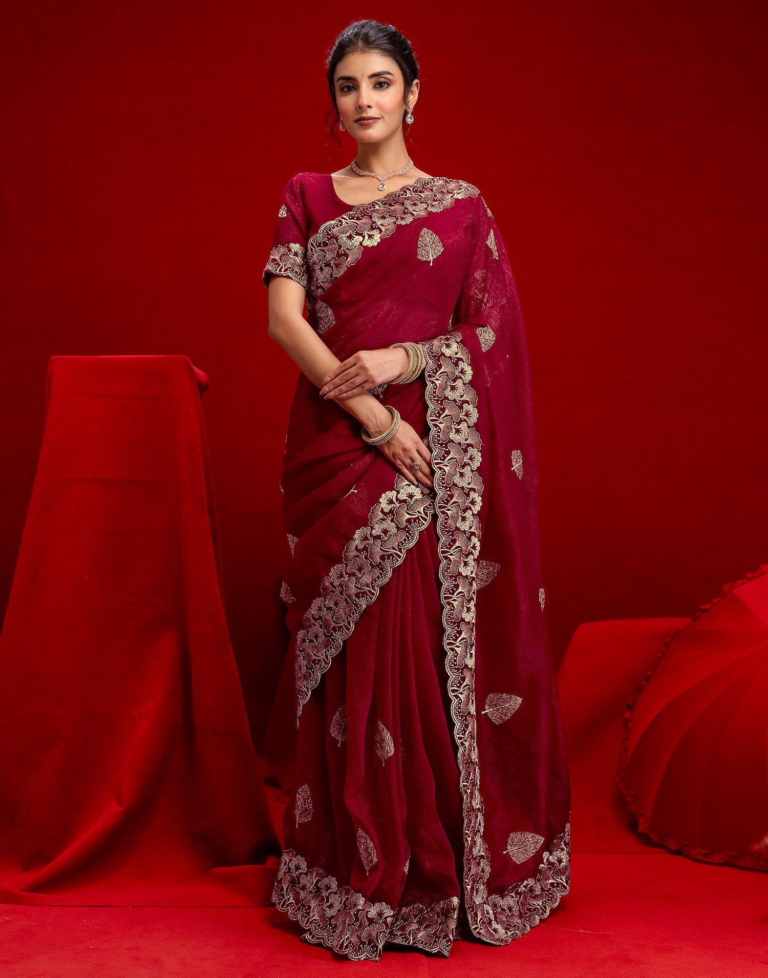Dark Rani Pink Shimmer Chiffon Sequence Embroidery saree