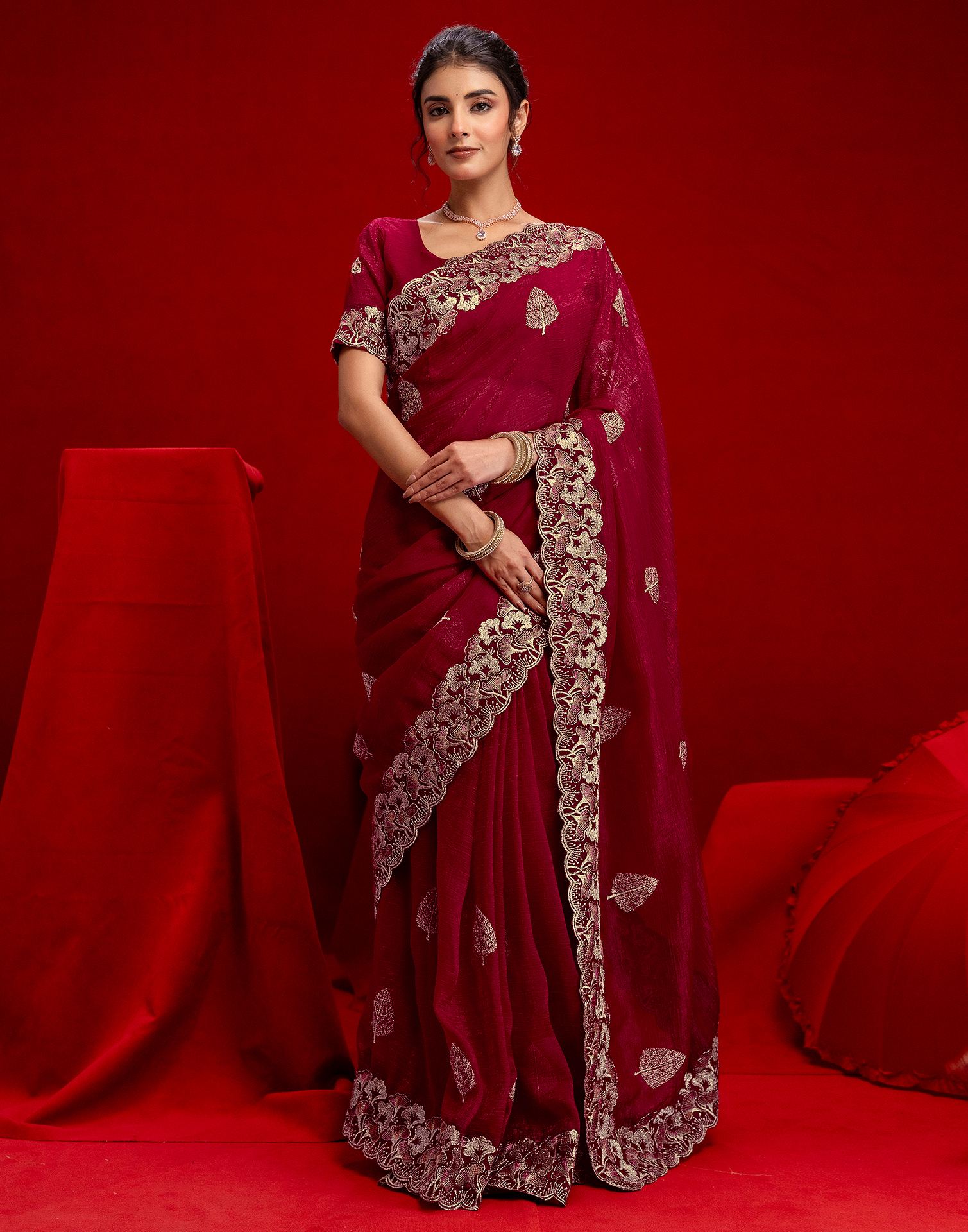 Dark Rani Pink Shimmer Chiffon Sequence Embroidery saree