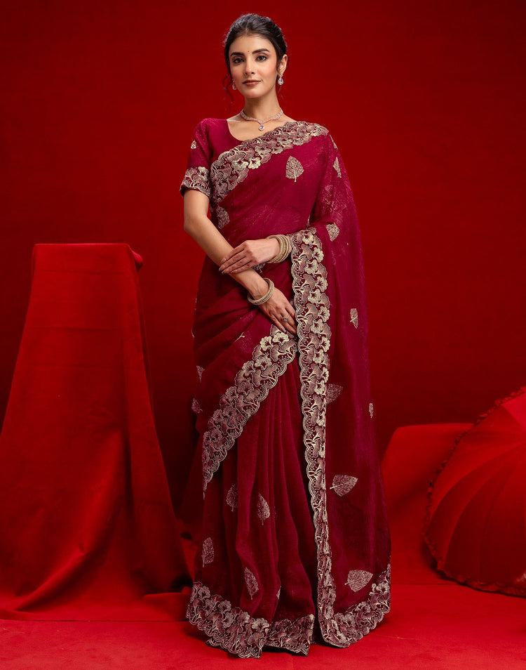 Dark Rani Pink Shimmer Chiffon Sequence Embroidery saree