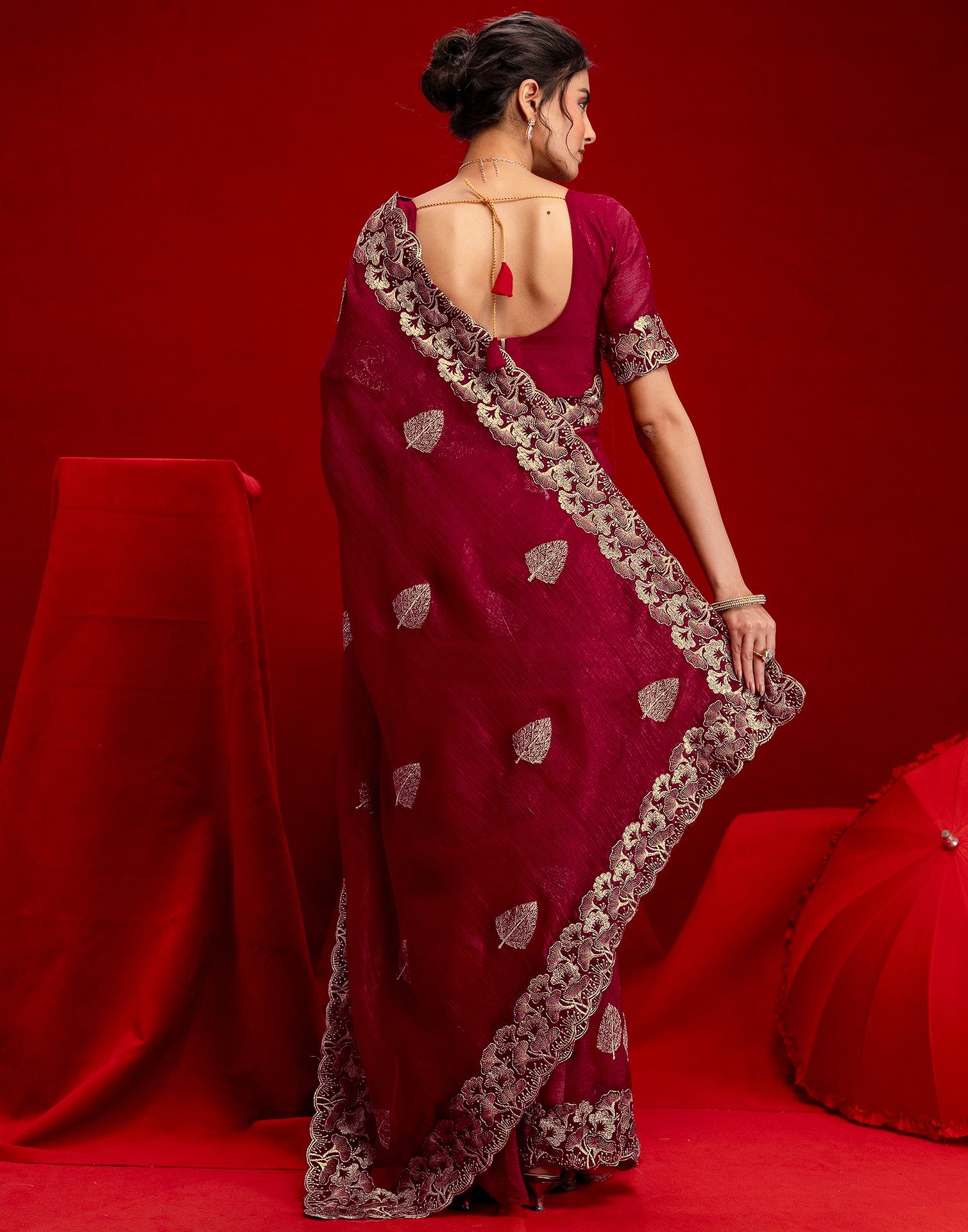 Dark Rani Pink Shimmer Chiffon Sequence Embroidery saree