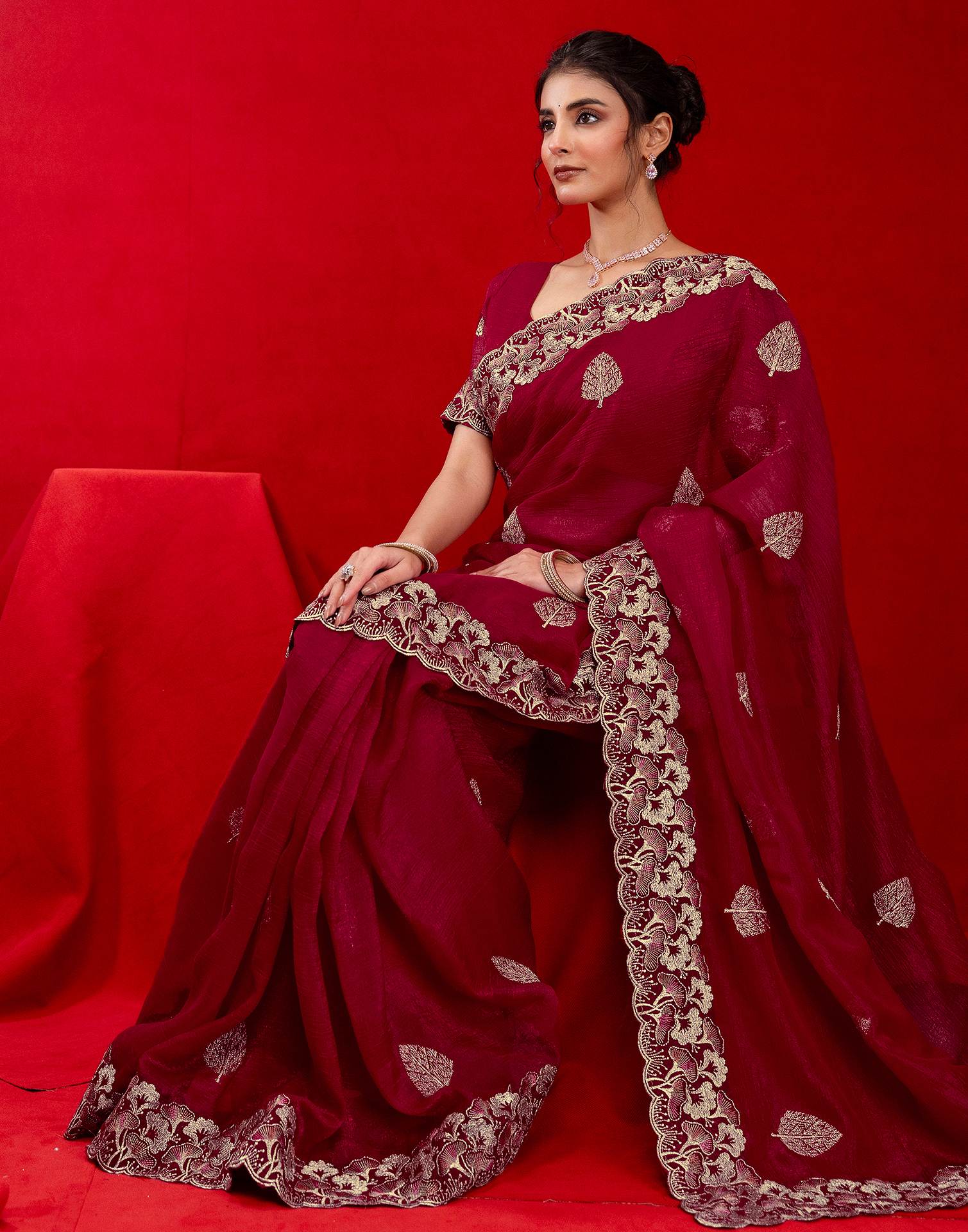 Dark Rani Pink Shimmer Chiffon Sequence Embroidery saree