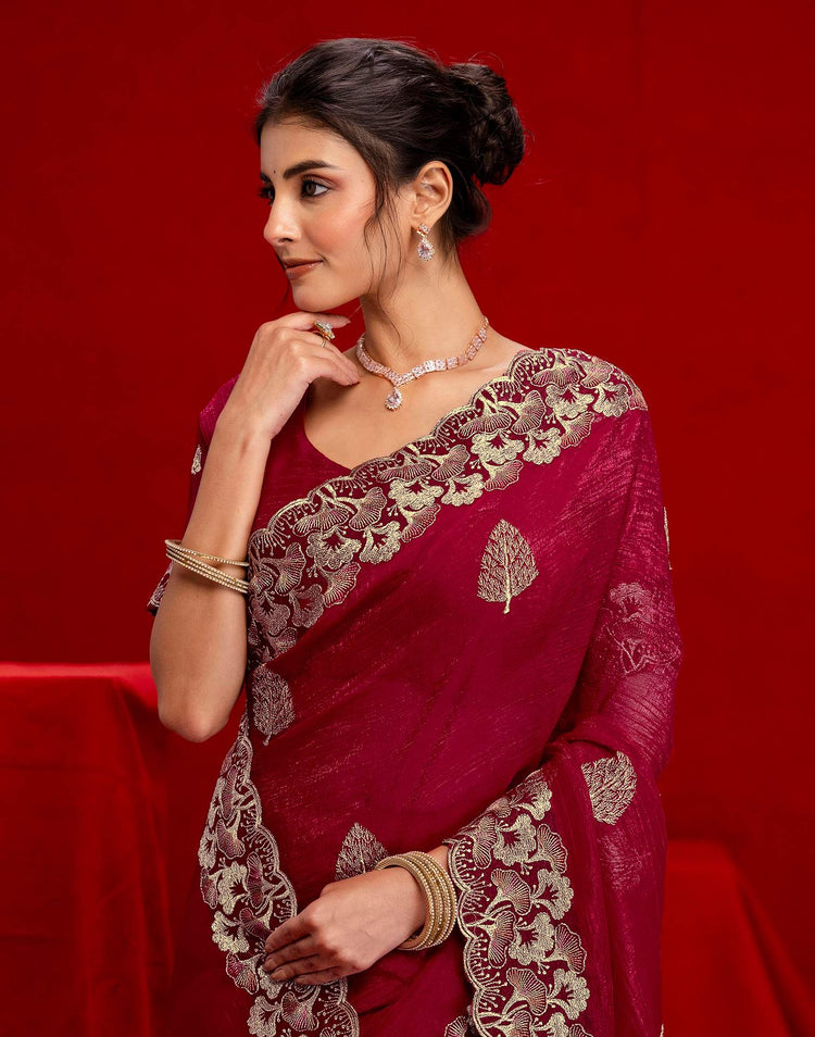 Dark Rani Pink Shimmer Chiffon Sequence Embroidery saree