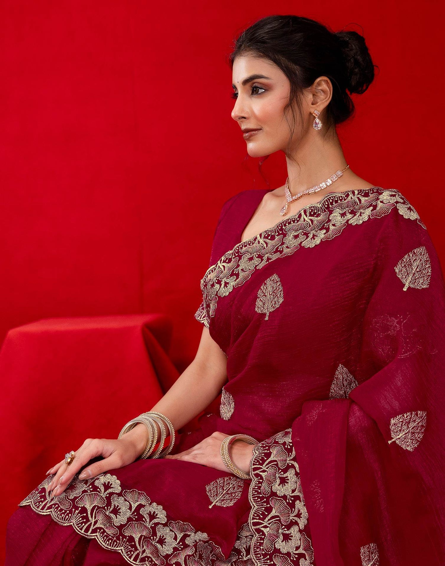 Dark Rani Pink Shimmer Chiffon Sequence Embroidery saree