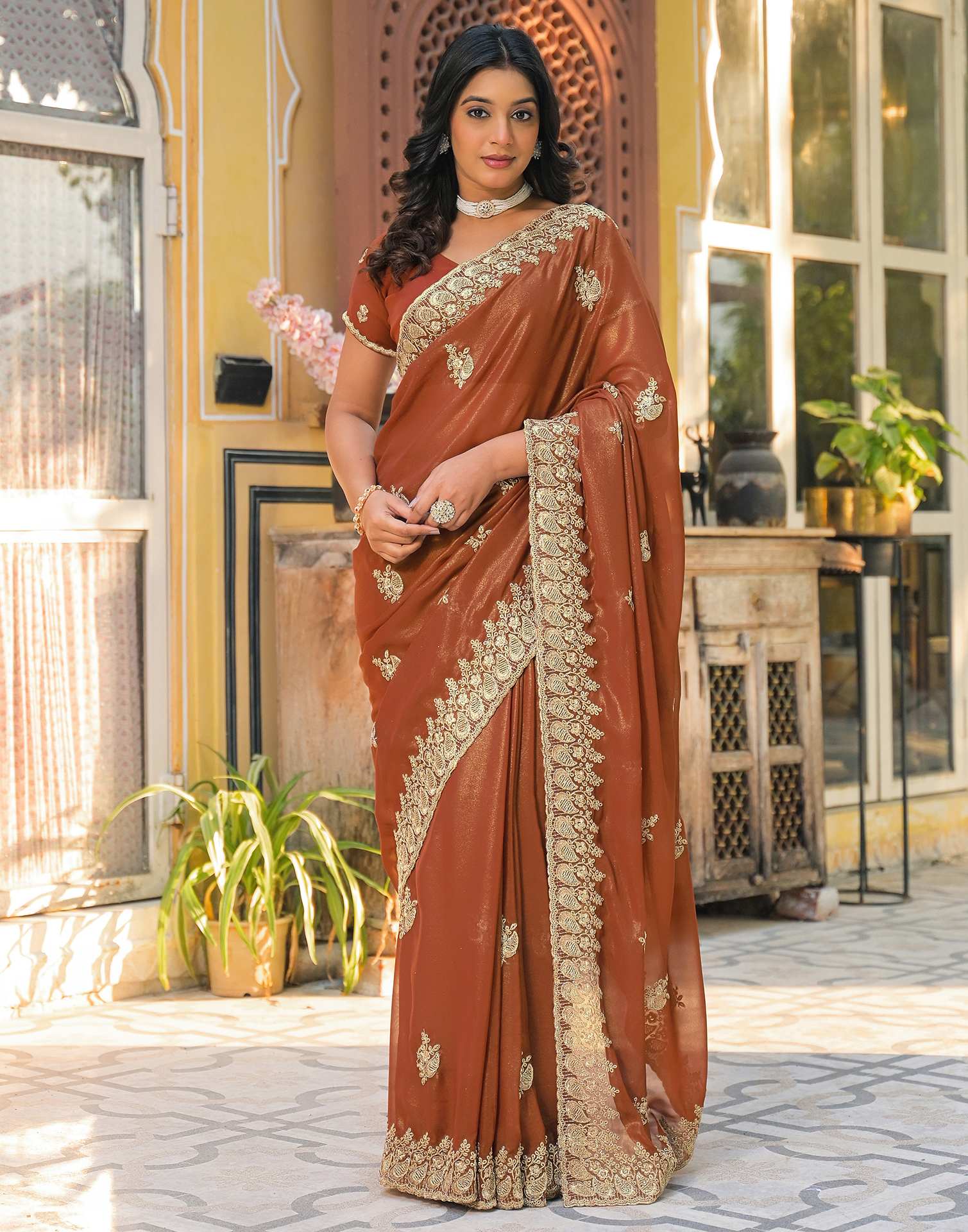 Dusty Brown Shimmer Georgette Sequence Embroidery saree