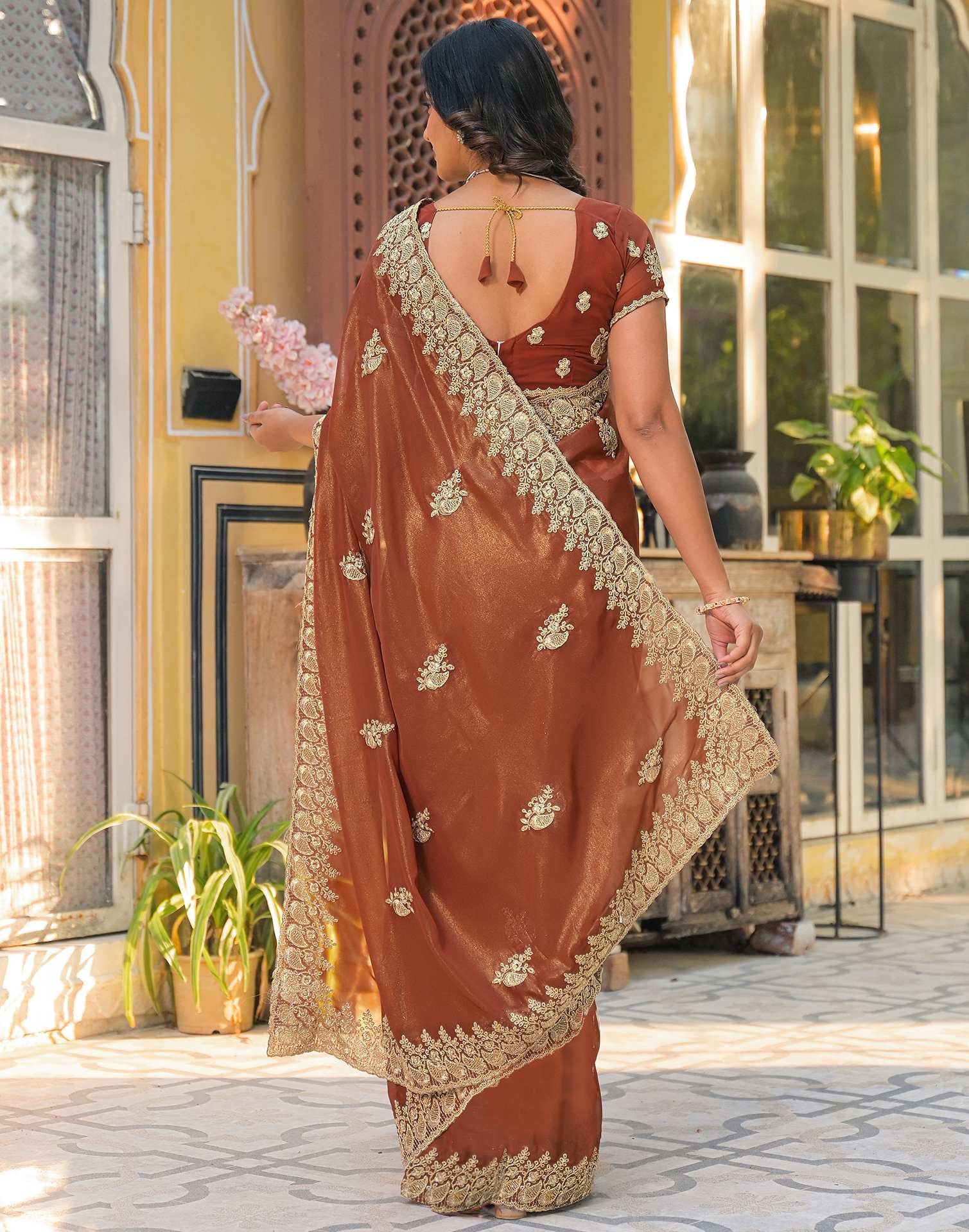 Dusty Brown Shimmer Georgette Sequence Embroidery saree
