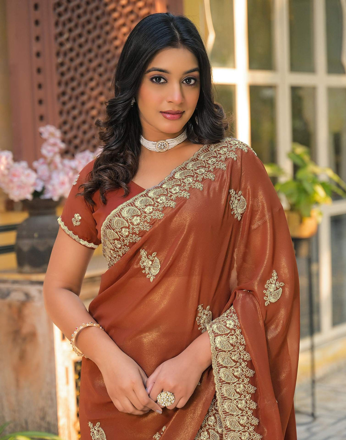 Dusty Brown Shimmer Georgette Sequence Embroidery saree