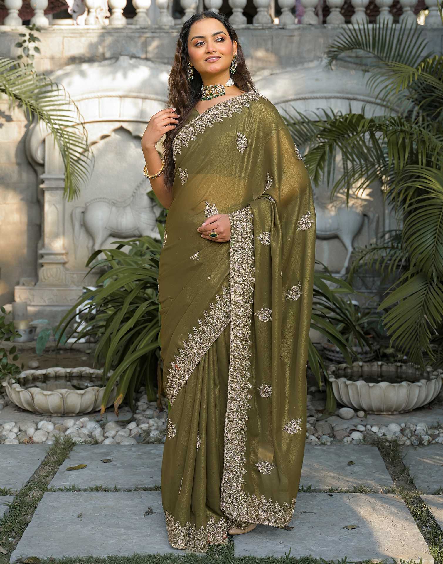 Mehandi Green Shimmer Georgette Sequence Embroidery saree