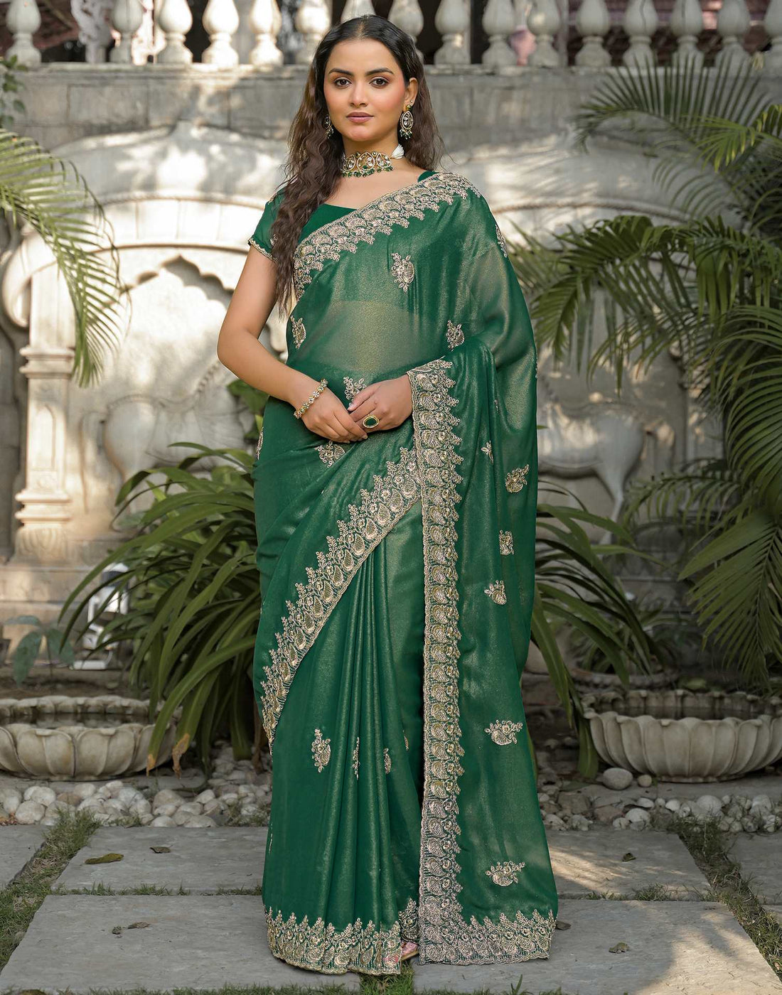 Teal Green Shimmer Georgette Sequence Embroidery saree