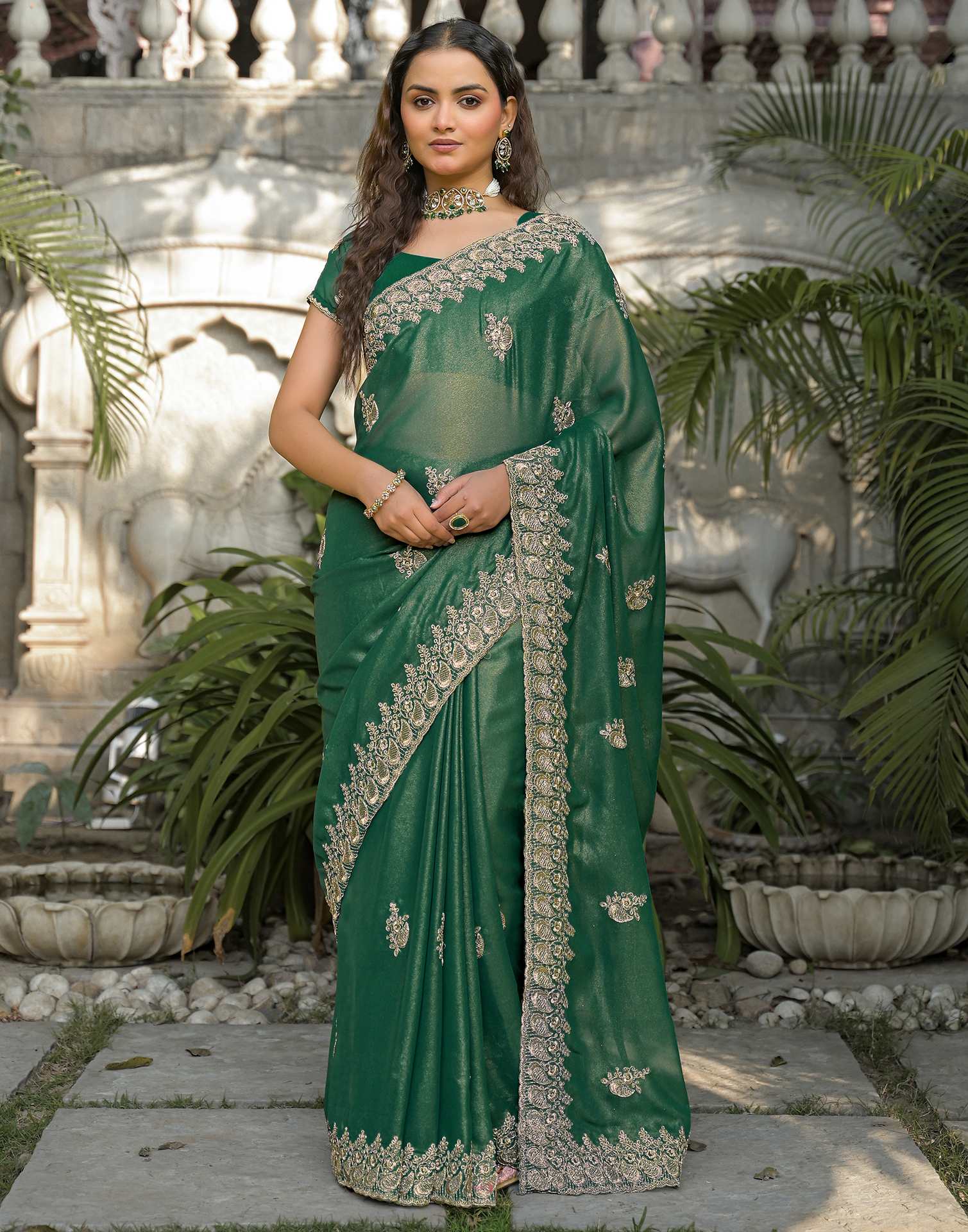 Teal Green Shimmer Georgette Sequence Embroidery saree