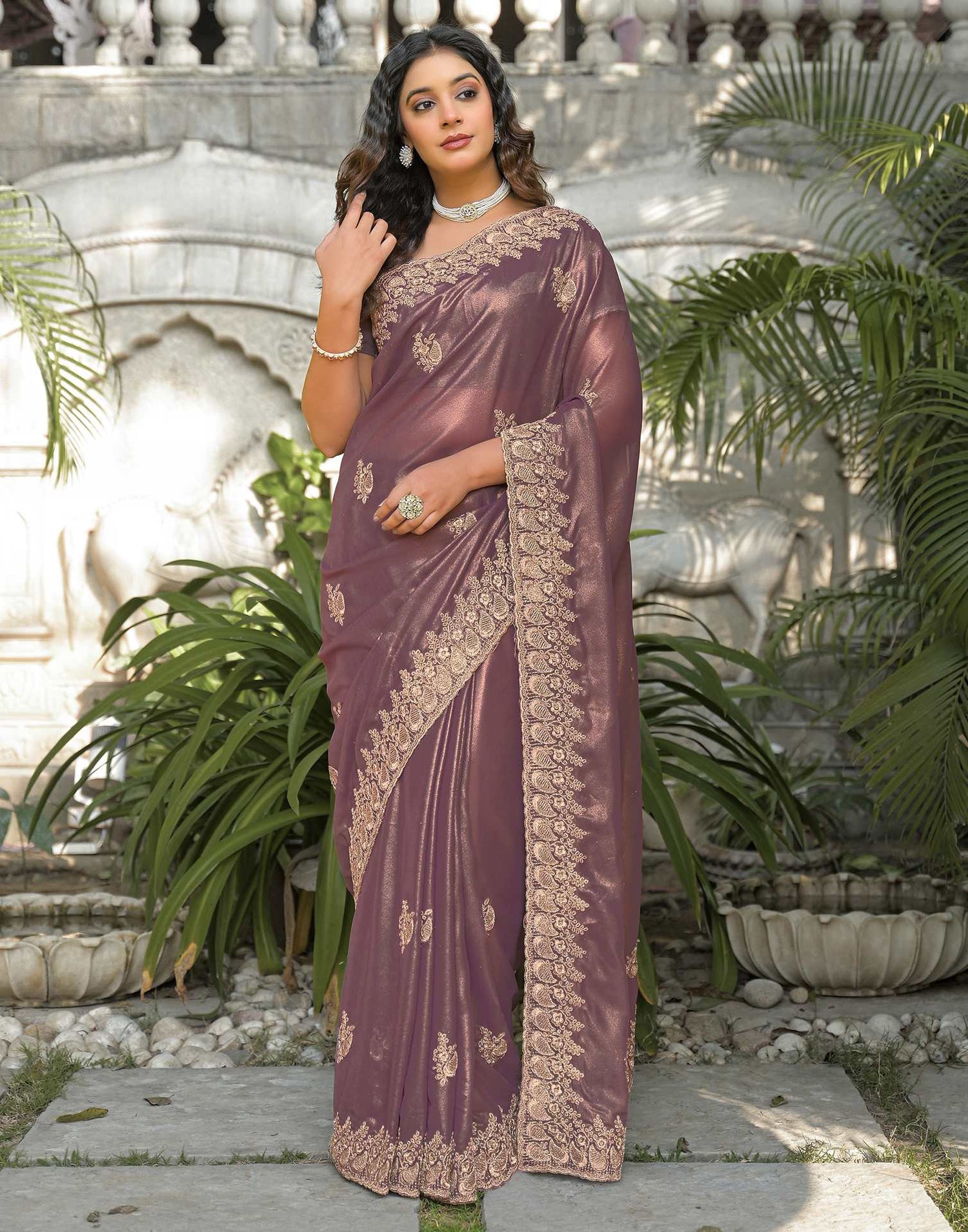 Dusty Mauve Shimmer Georgette Sequence Embroidery saree
