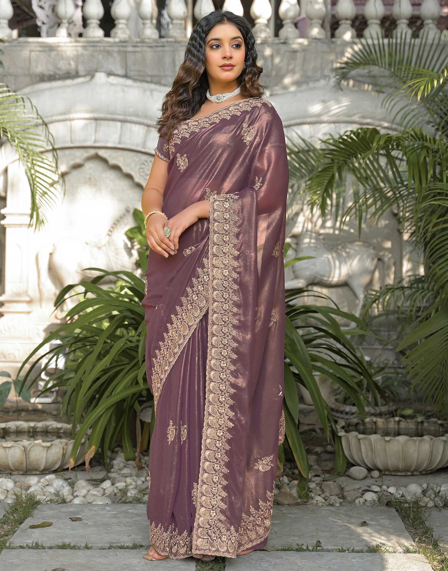Dusty Mauve Shimmer Georgette Sequence Embroidery saree