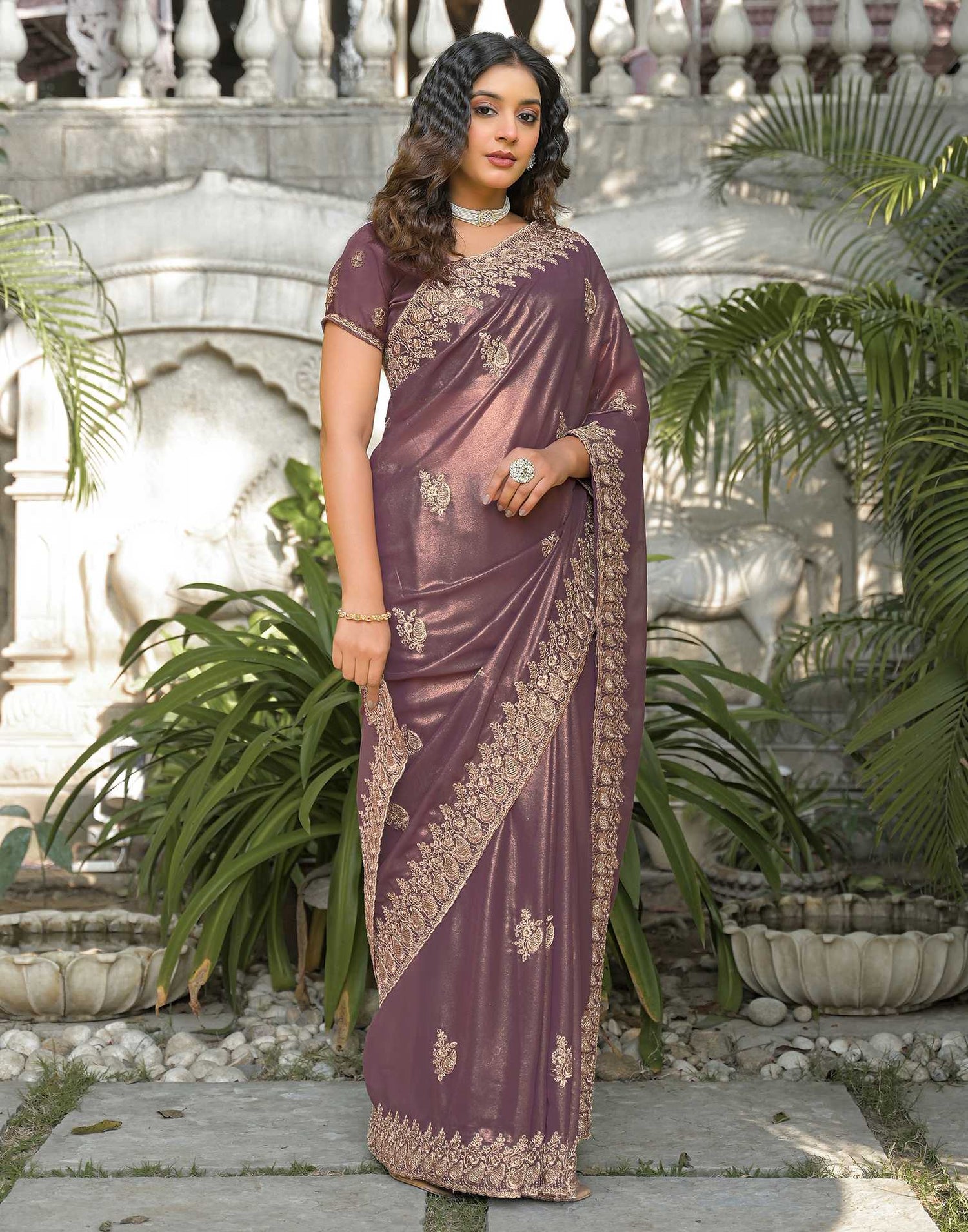Dusty Mauve Shimmer Georgette Sequence Embroidery saree