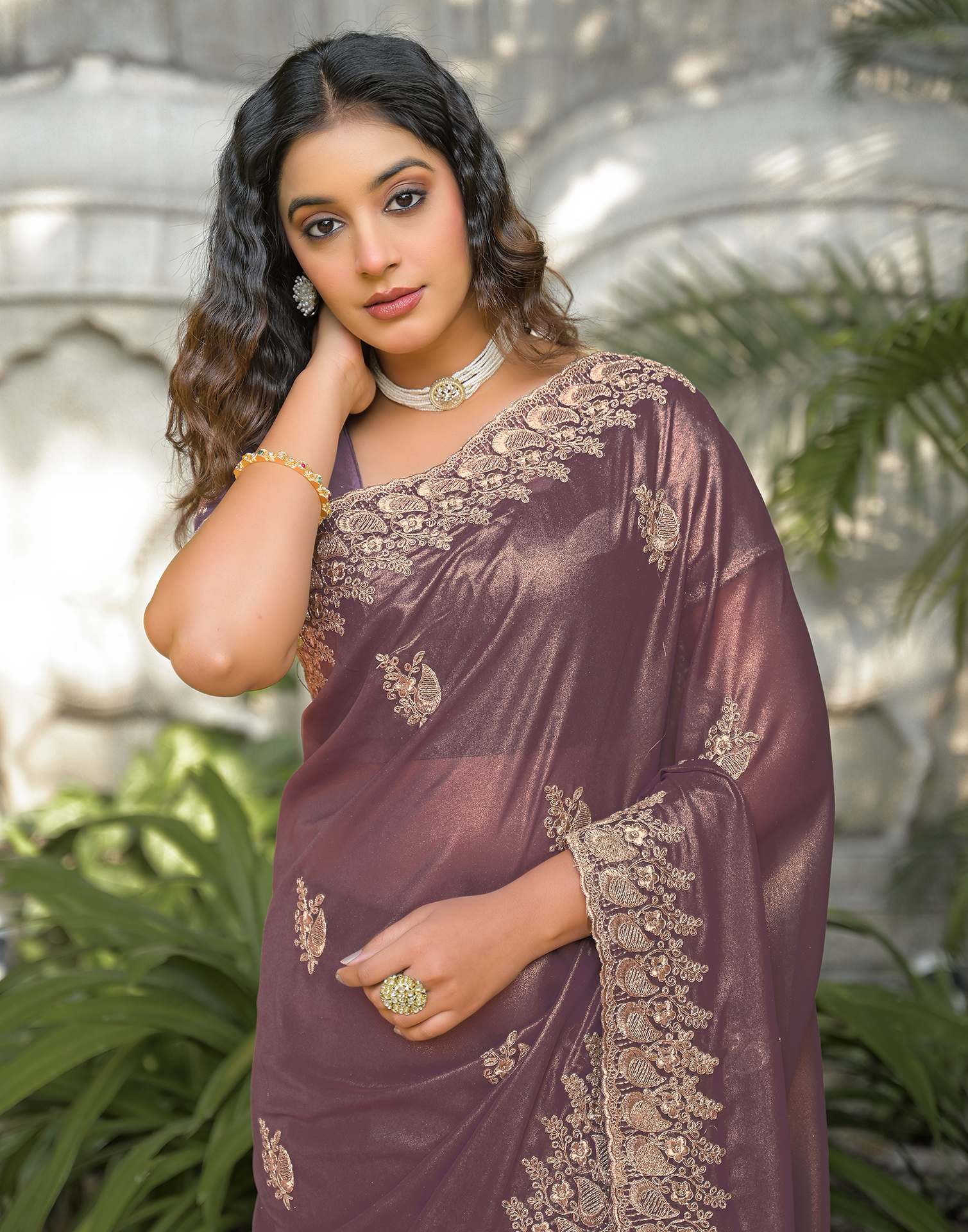 Dusty Mauve Shimmer Georgette Sequence Embroidery saree