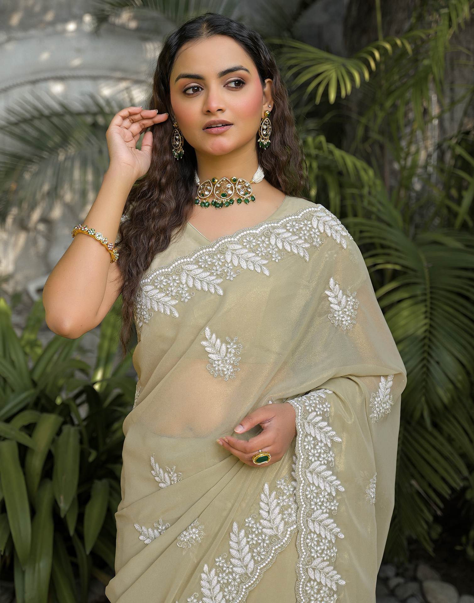Light Pista Green Shimmer Georgette Sequence Embroidery saree