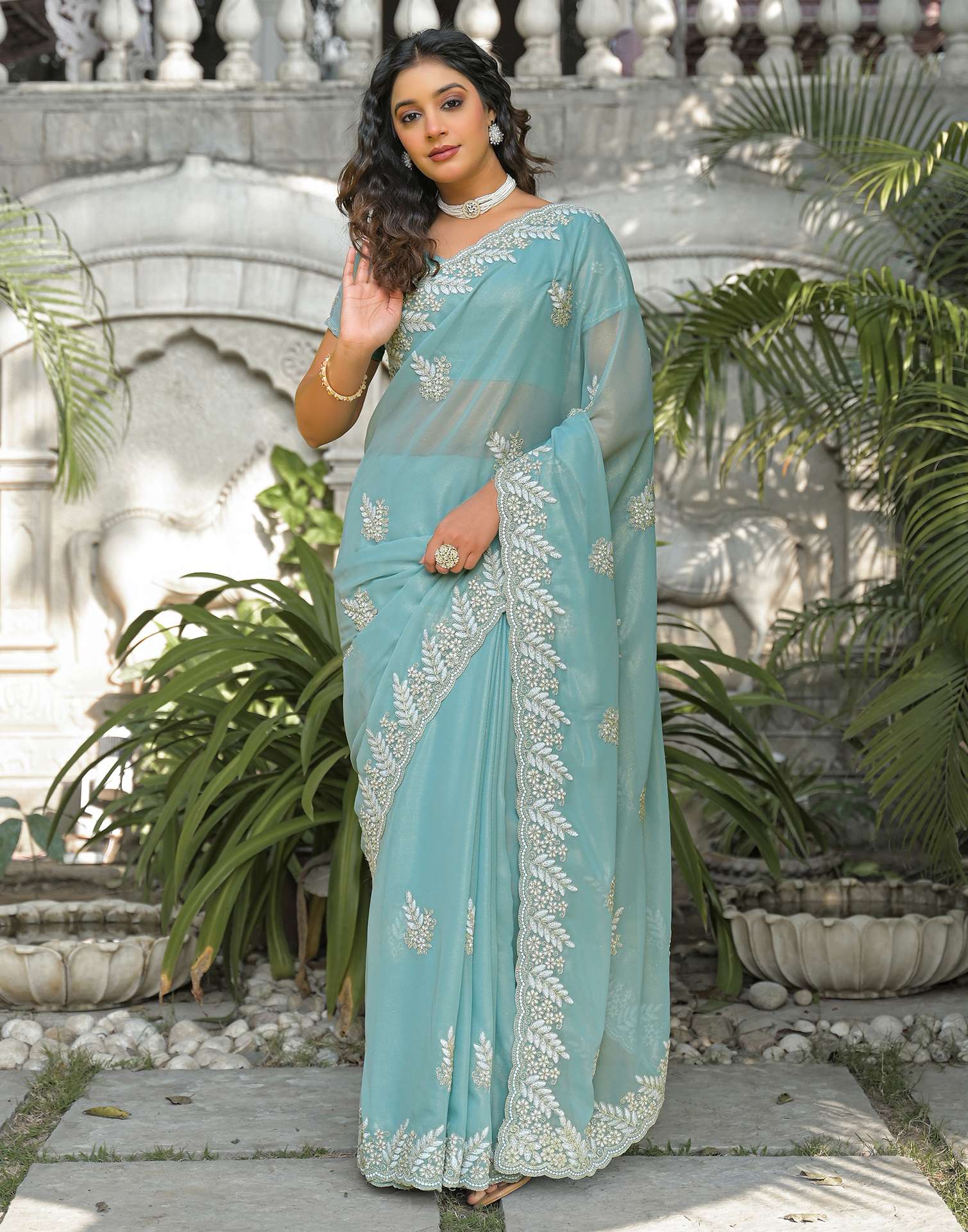 Sky Blue Shimmer Georgette Sequence Embroidery saree