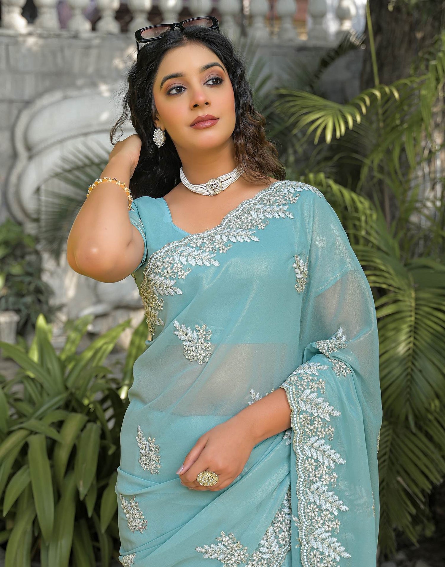 Sky Blue Shimmer Georgette Sequence Embroidery saree
