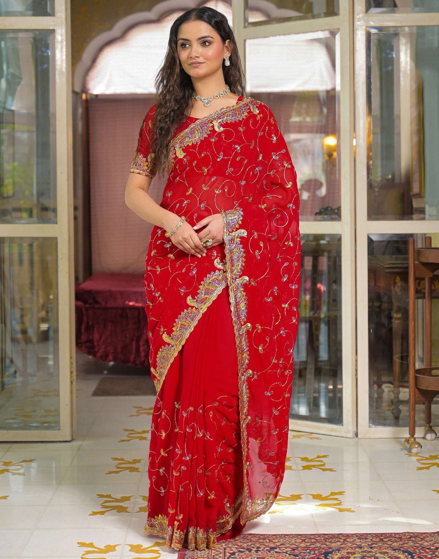 Red Georgette Sequence Embroidery saree