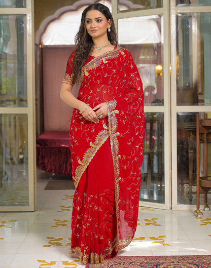 Red Georgette Sequence Embroidery saree
