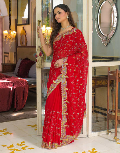 Red Georgette Sequence Embroidery saree
