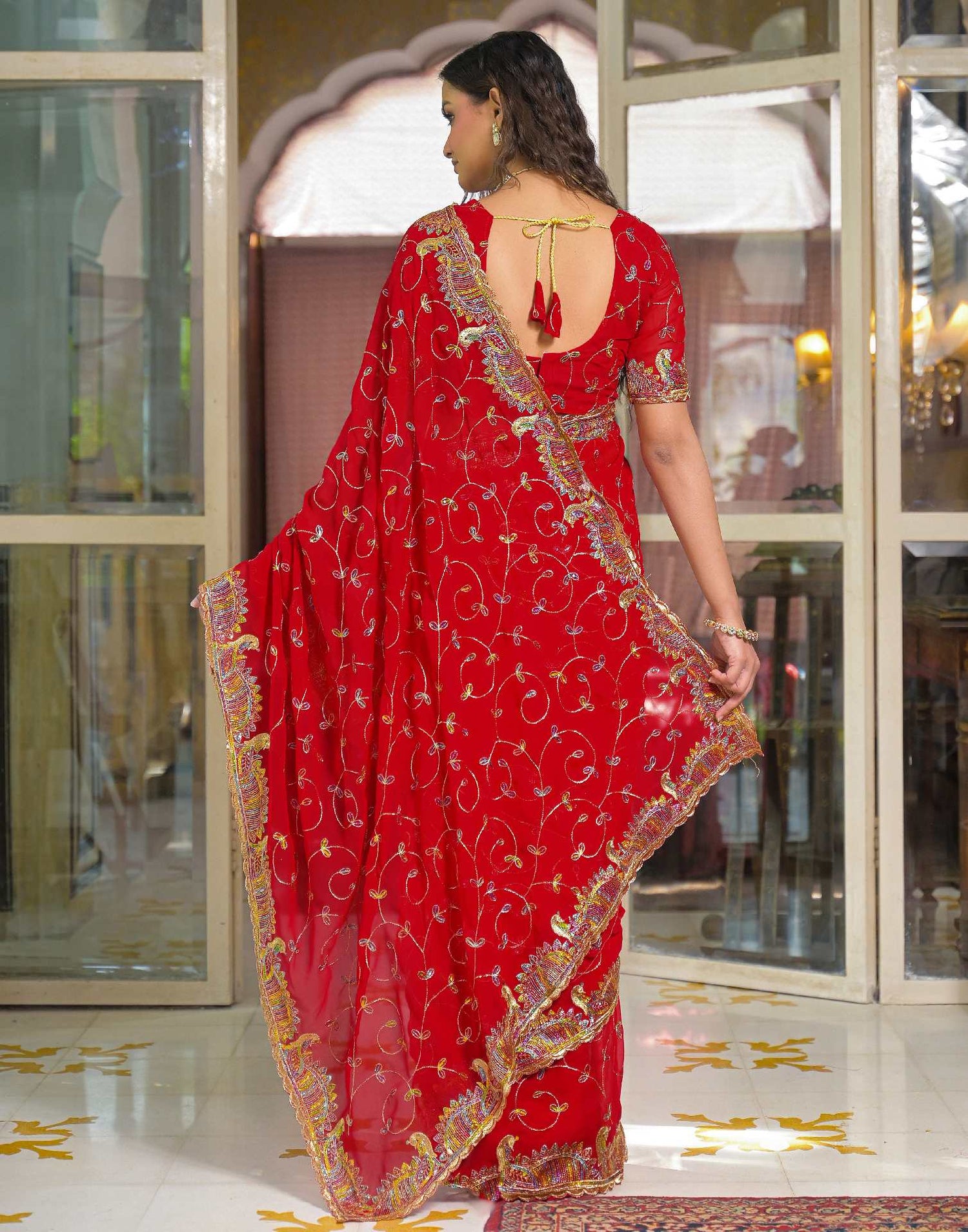 Red Georgette Sequence Embroidery saree