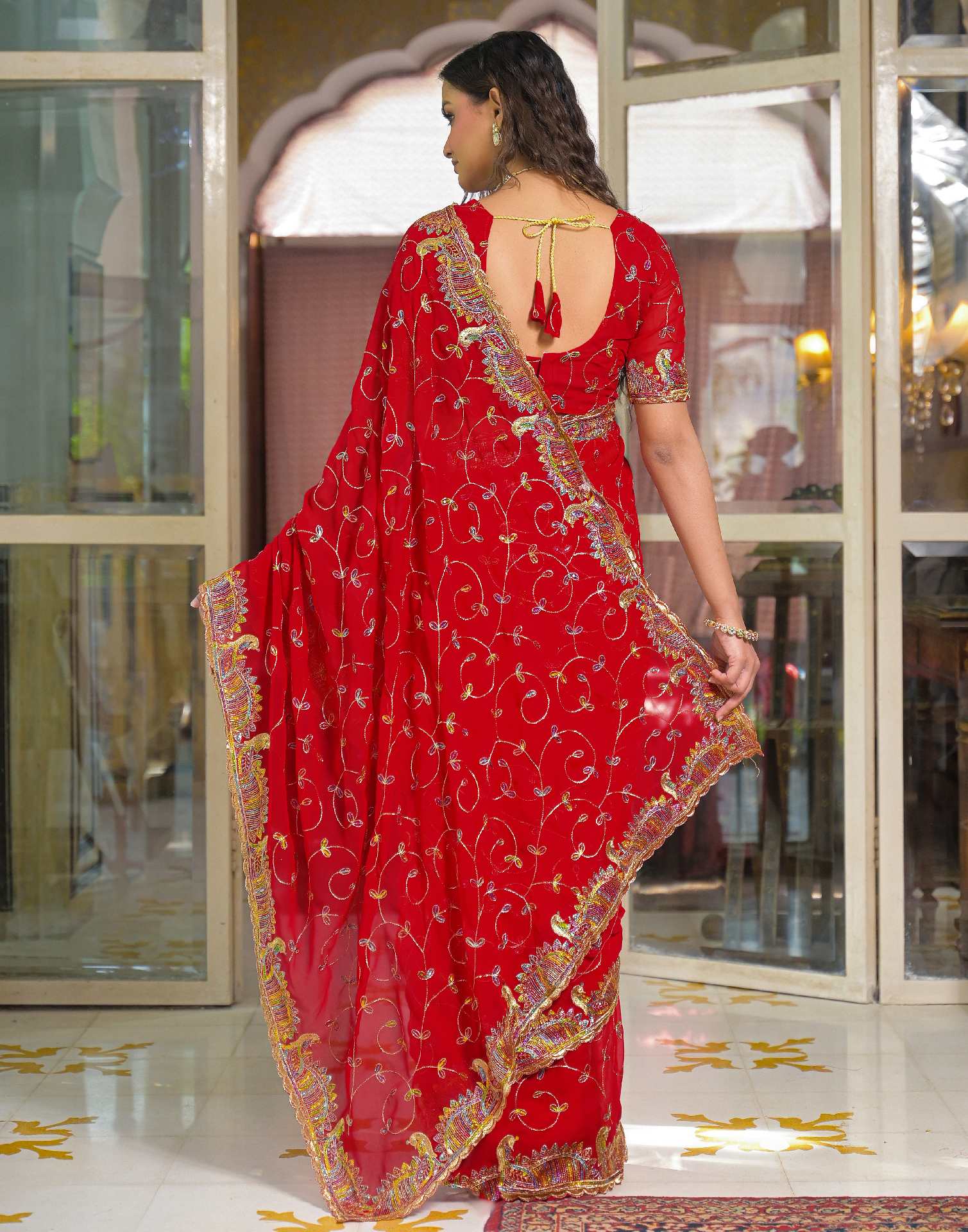 Red Georgette Sequence Embroidery saree