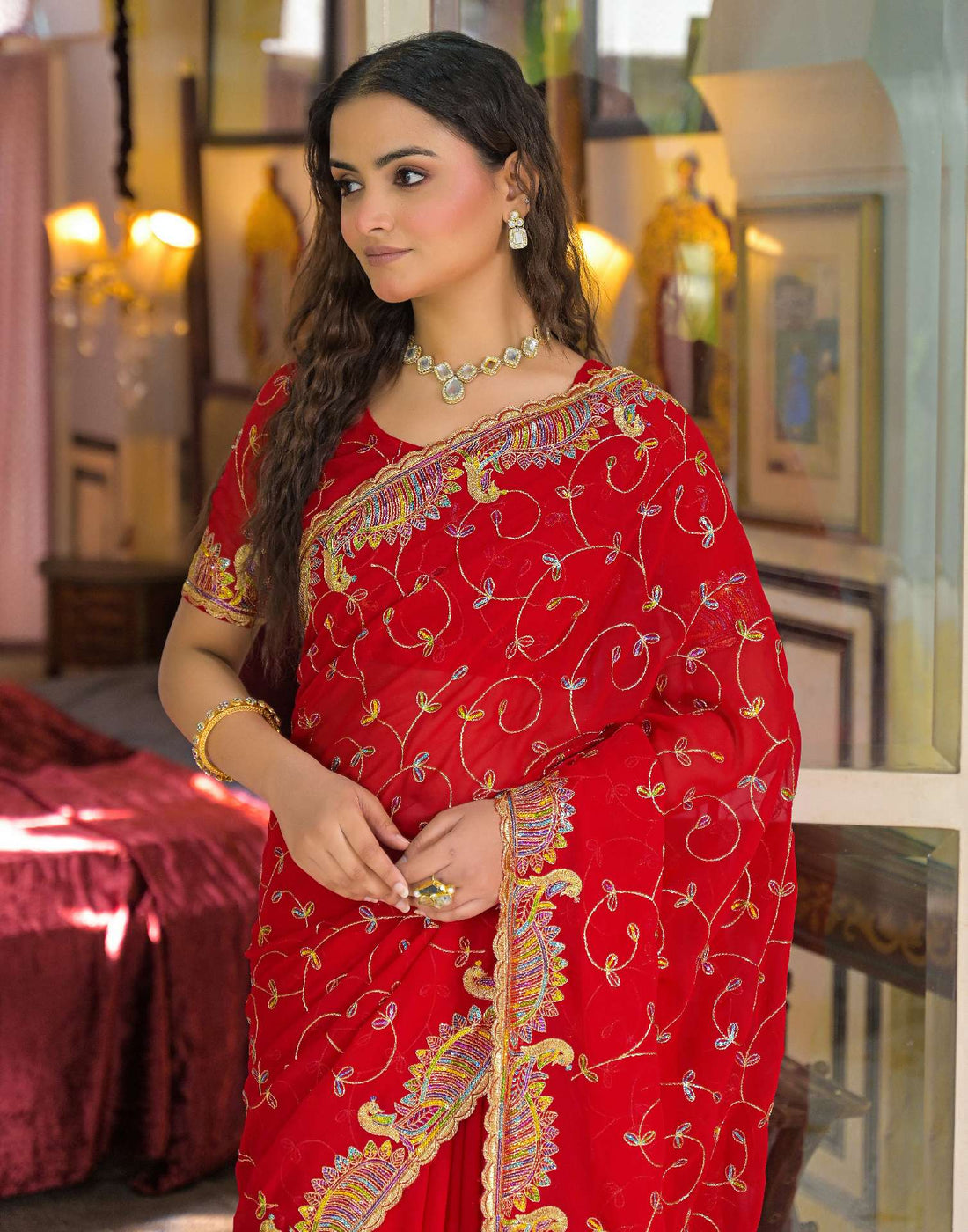 Red Georgette Sequence Embroidery saree
