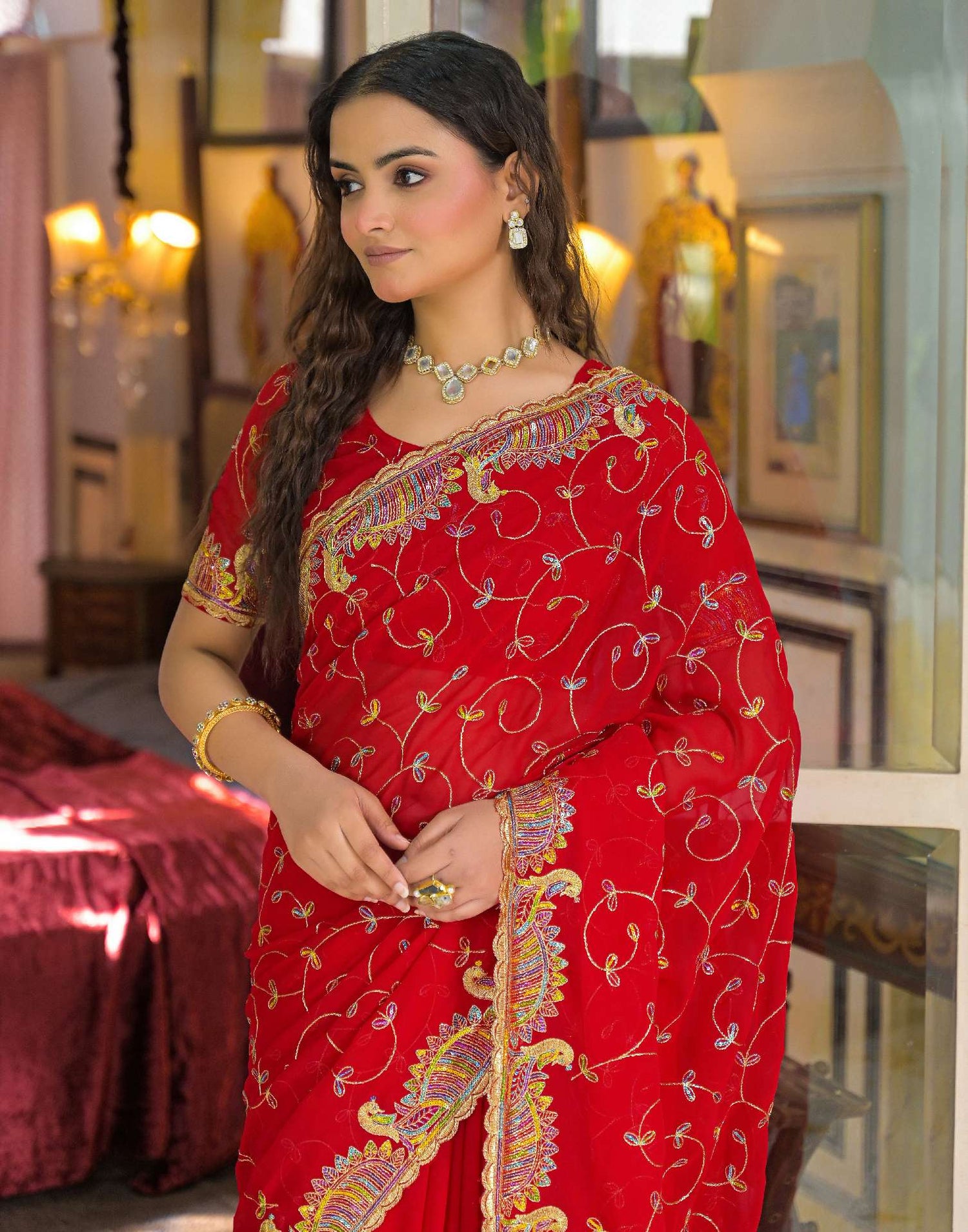 Red Georgette Sequence Embroidery saree