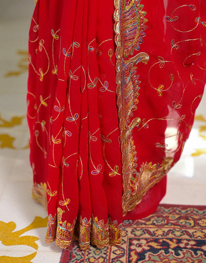 Red Georgette Sequence Embroidery saree