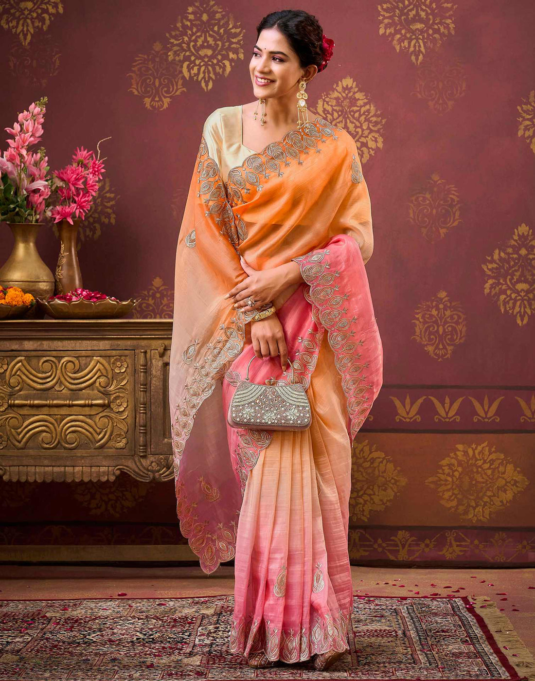 Light Pink Tissue Silk Sequence Embroidery Saree