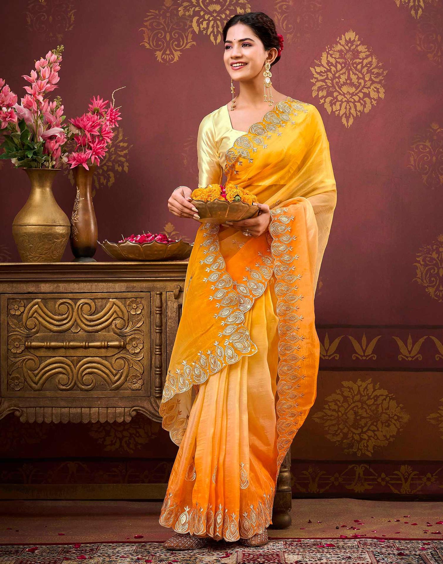 Yellow Tissue Silk Sequence Embroidery Saree