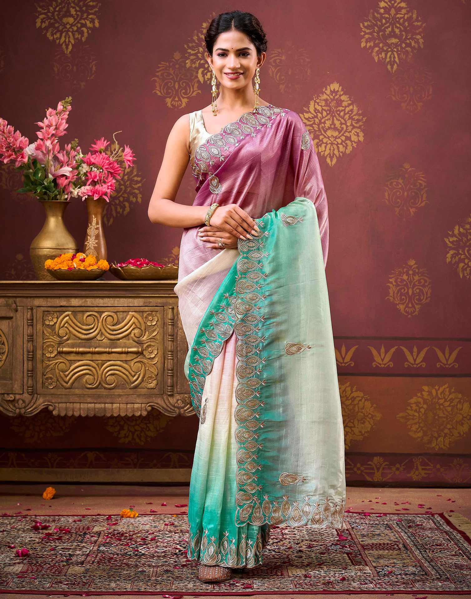 Mauve Tissue Silk Sequence Embroidery Saree