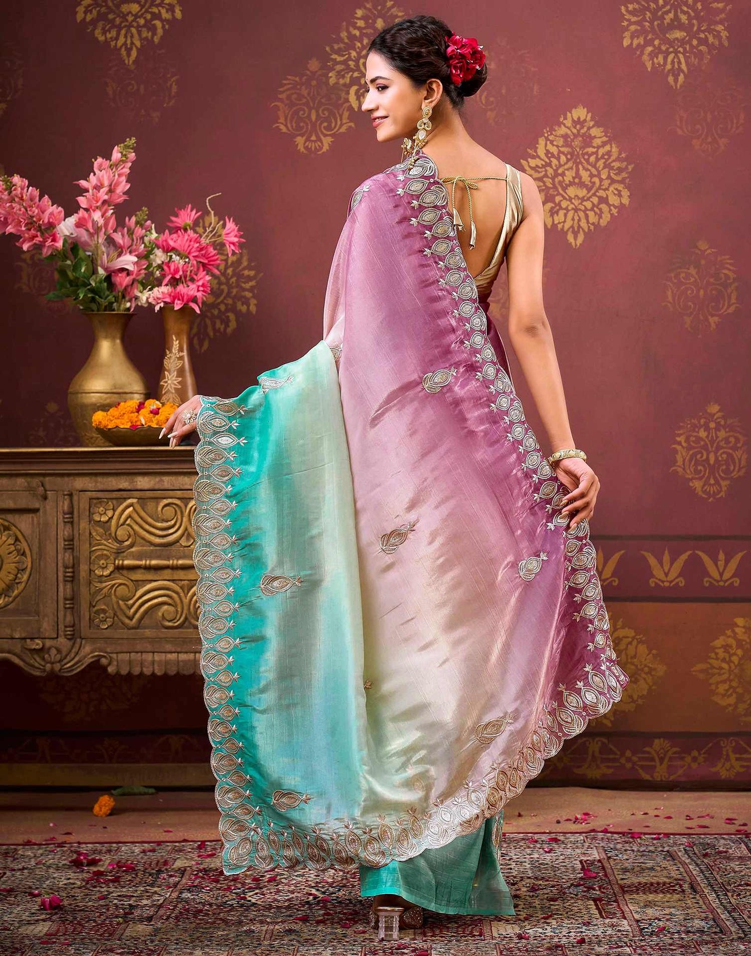Mauve Tissue Silk Sequence Embroidery Saree