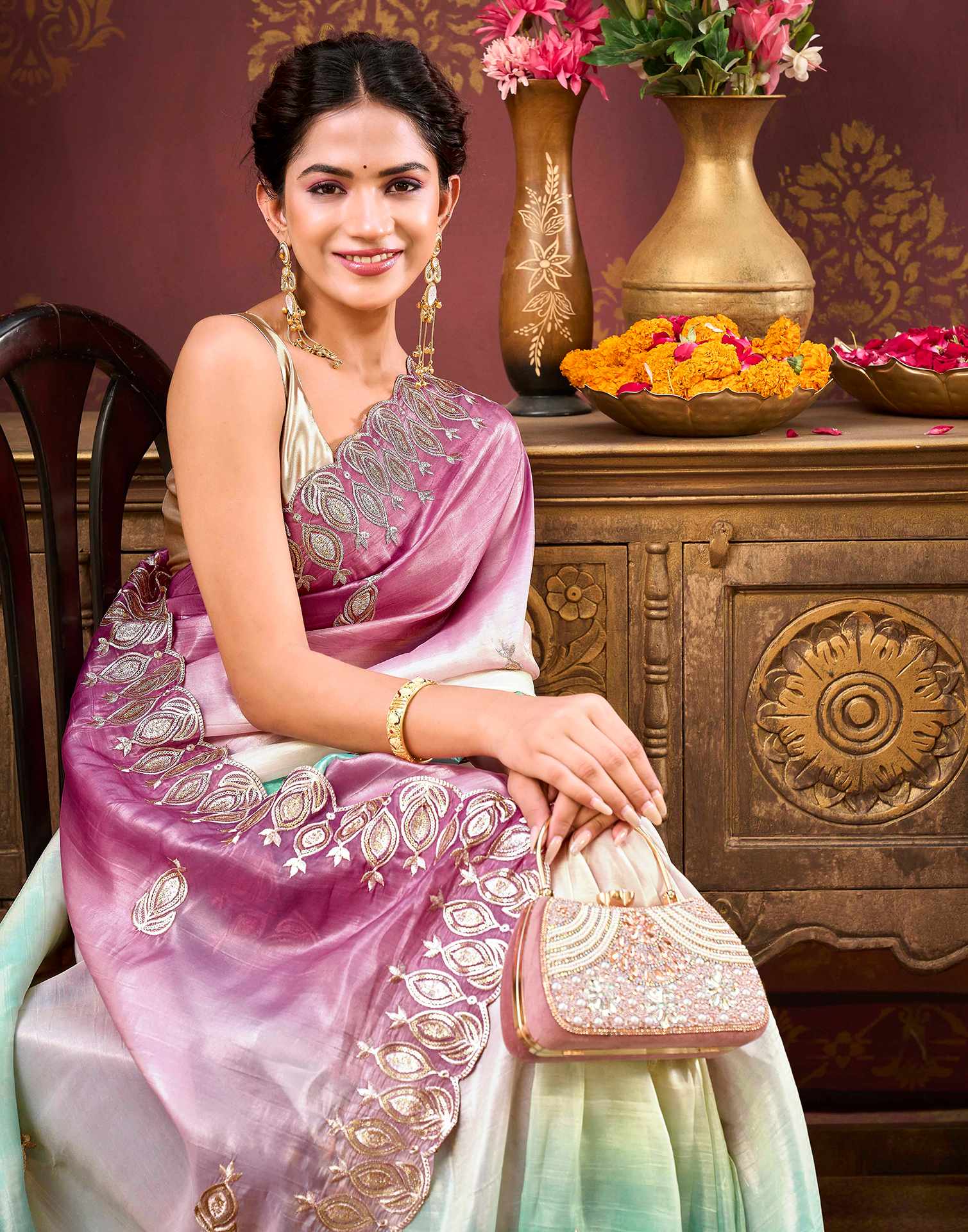 Mauve Tissue Silk Sequence Embroidery Saree