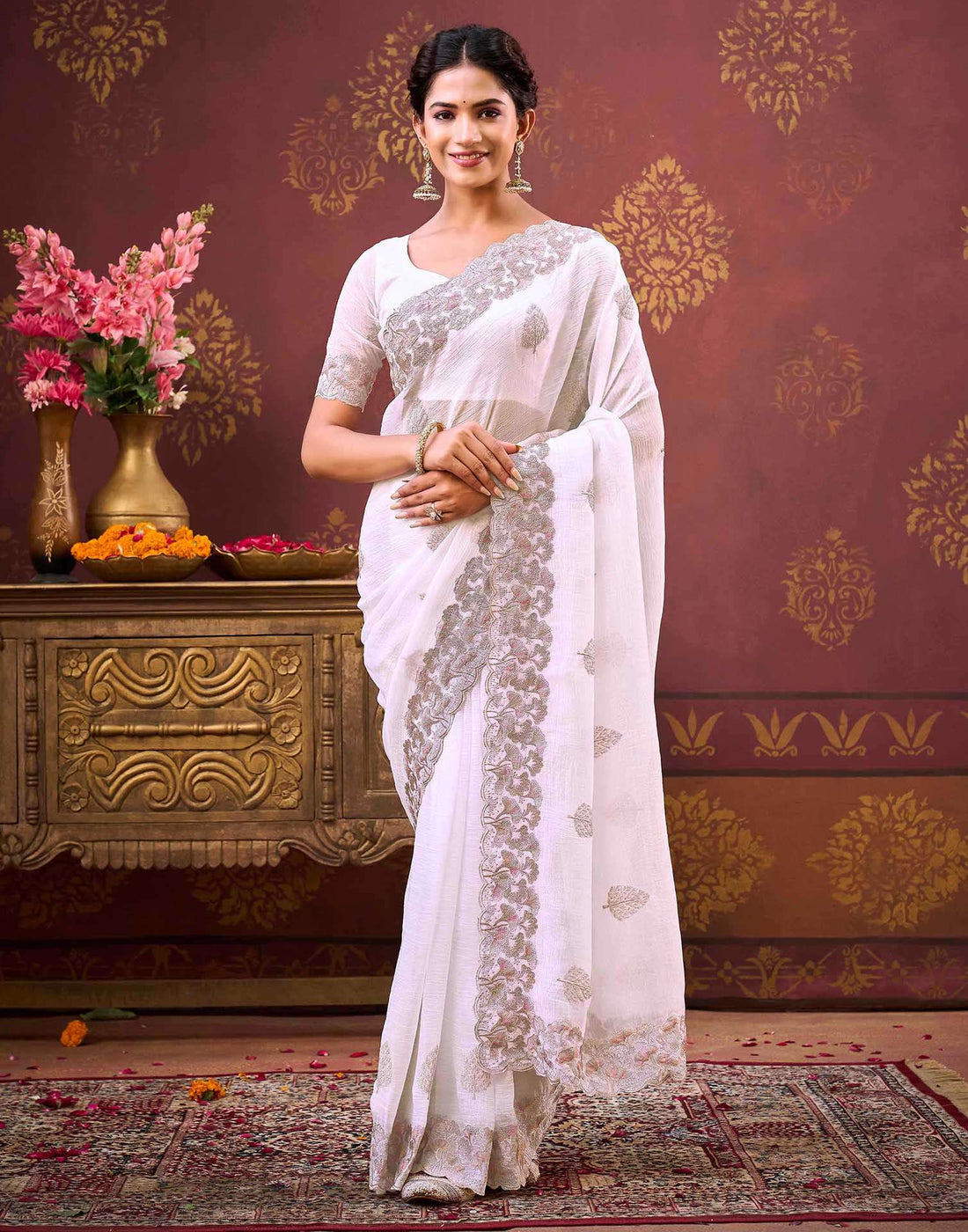 White Shimmer Chiffon Sequence Embroidery saree