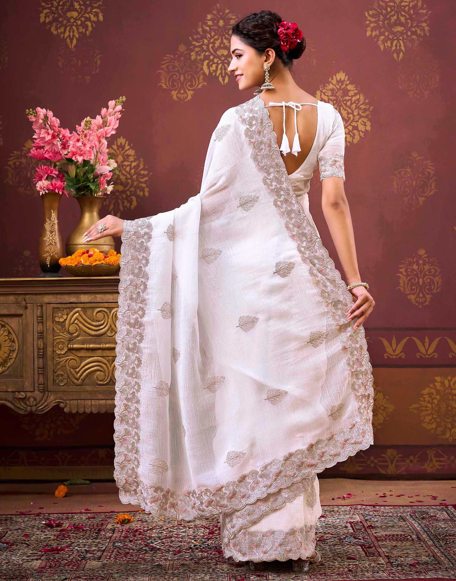 White Shimmer Chiffon Sequence Embroidery saree