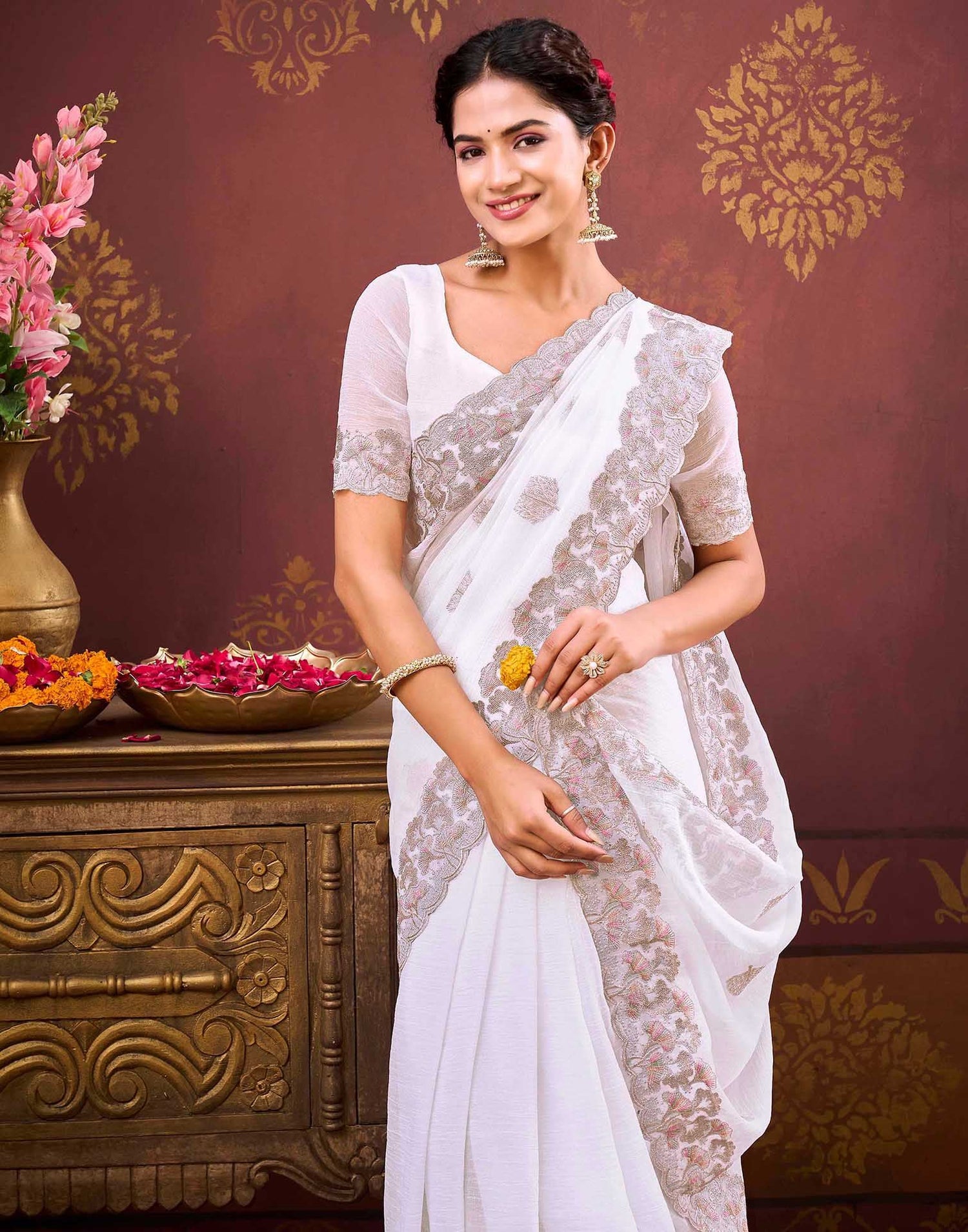 White Shimmer Chiffon Sequence Embroidery saree