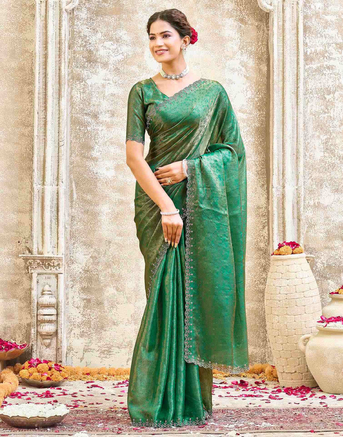 Teal Green Tissue Satin Stone Work Swarovski saree