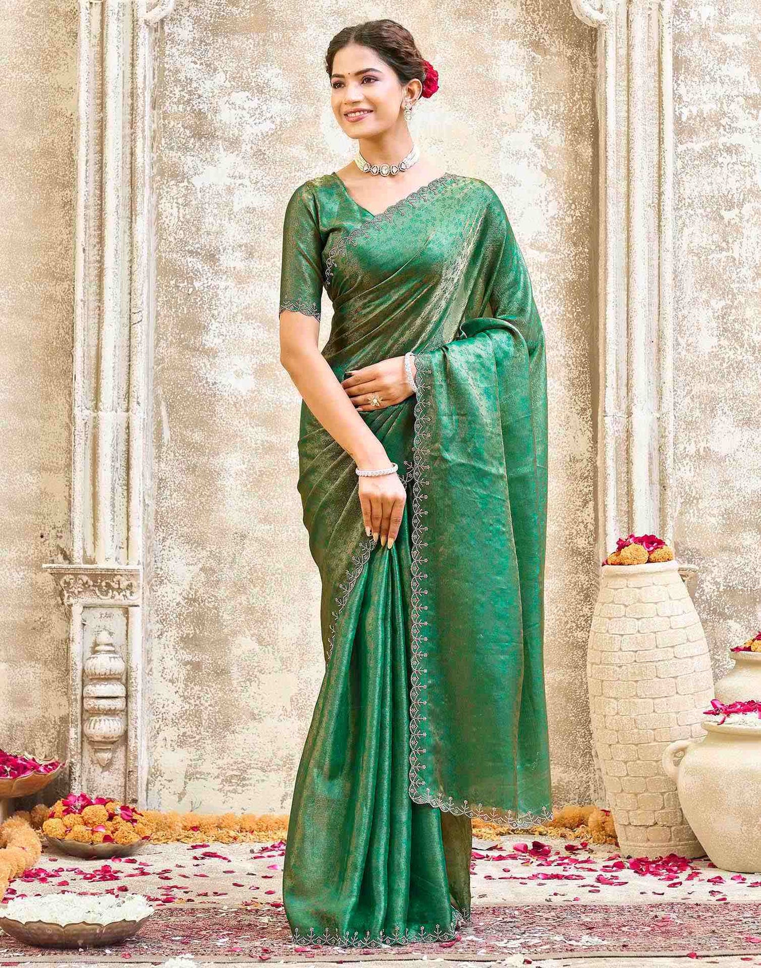 Teal Green Tissue Satin Stone Work Swarovski saree