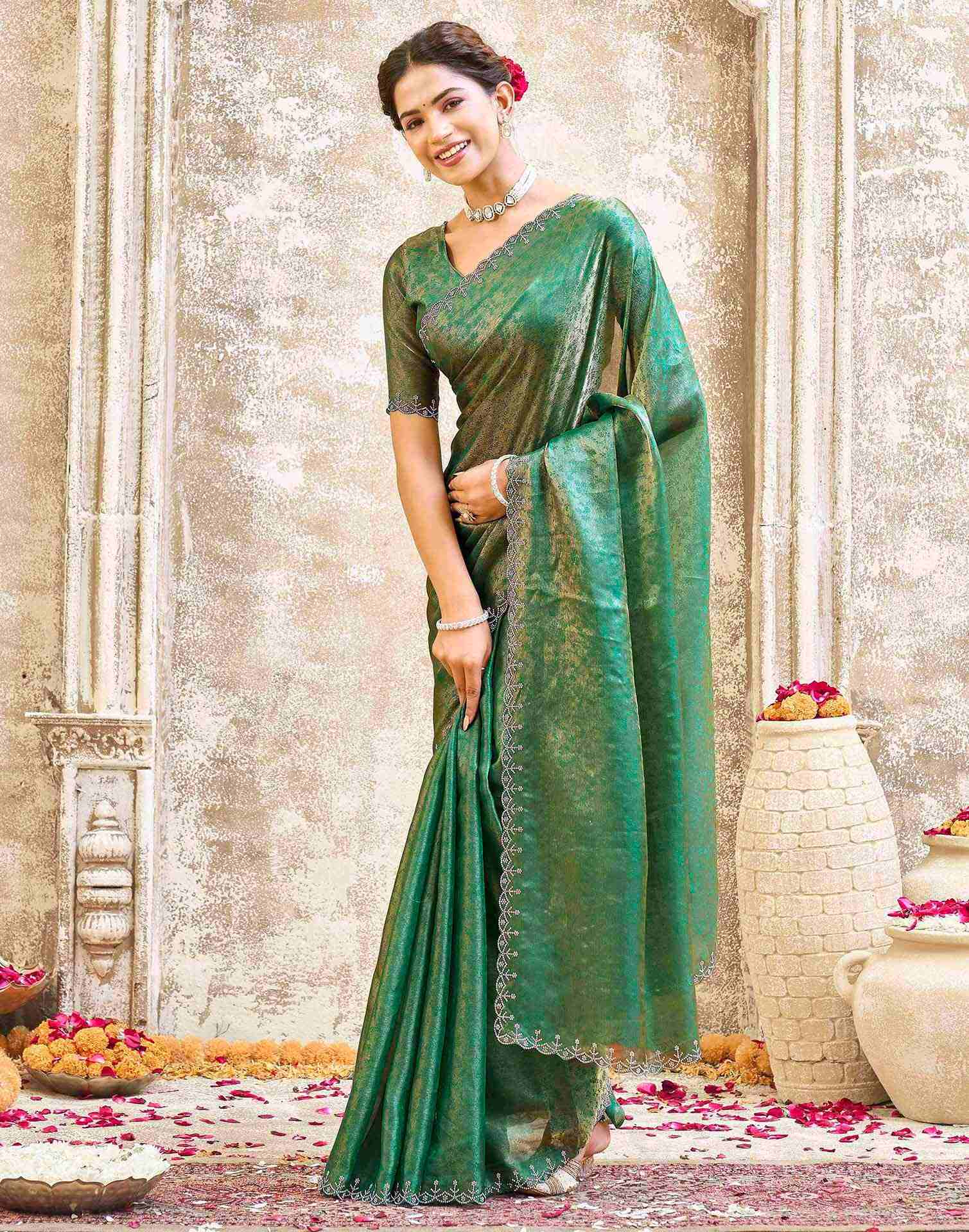 Teal Green Tissue Satin Stone Work Swarovski saree
