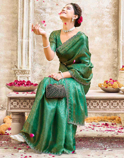 Teal Green Tissue Satin Stone Work Swarovski saree