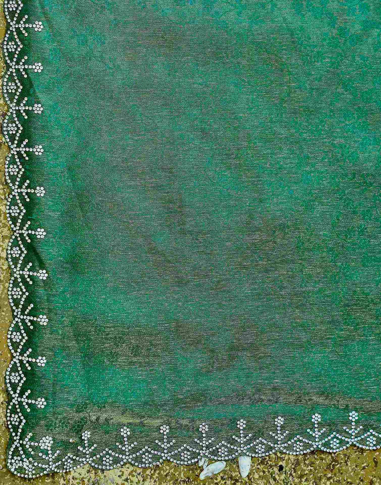 Teal Green Tissue Satin Stone Work Swarovski saree