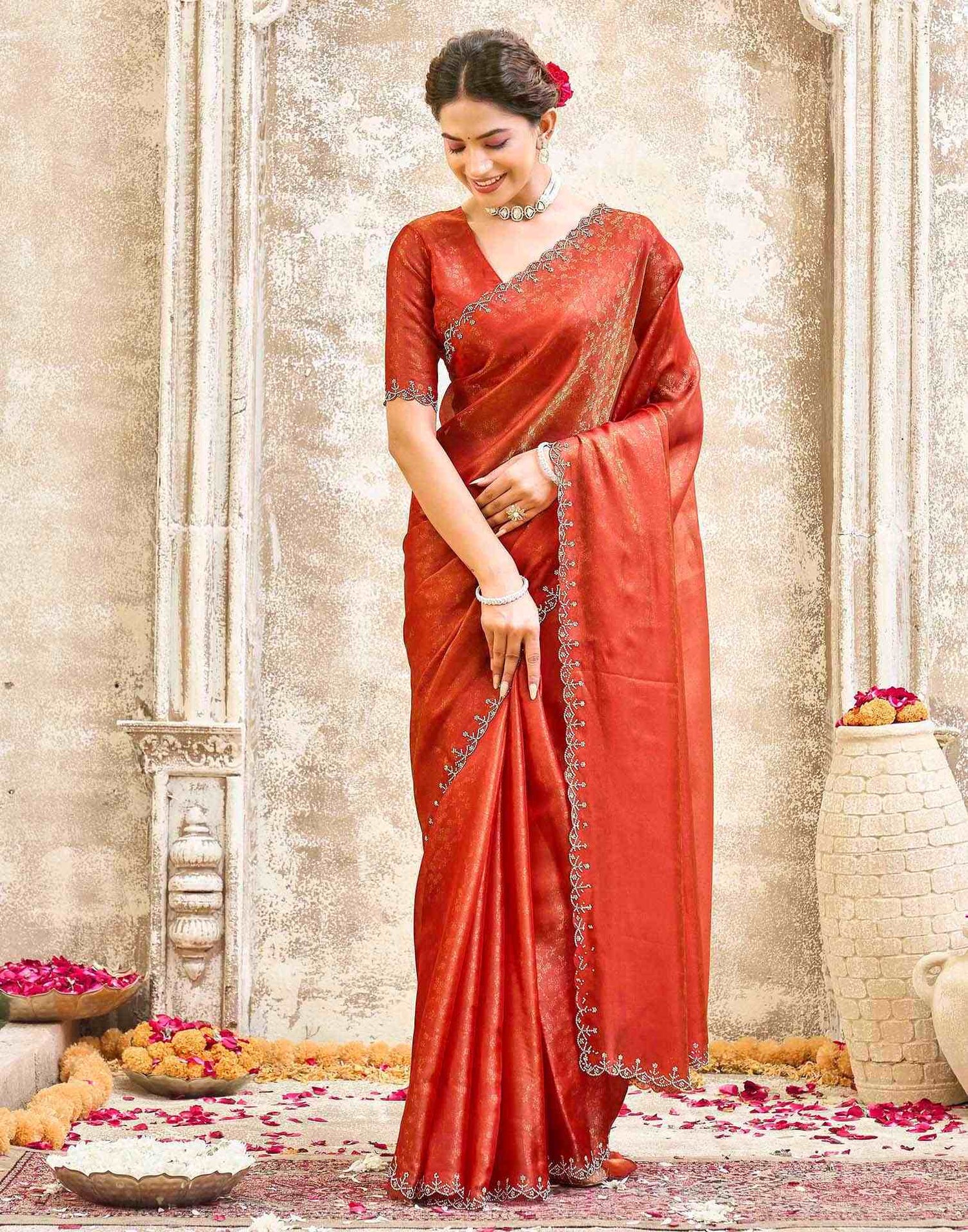 Orange Tissue Satin Stone Work Swarovski saree