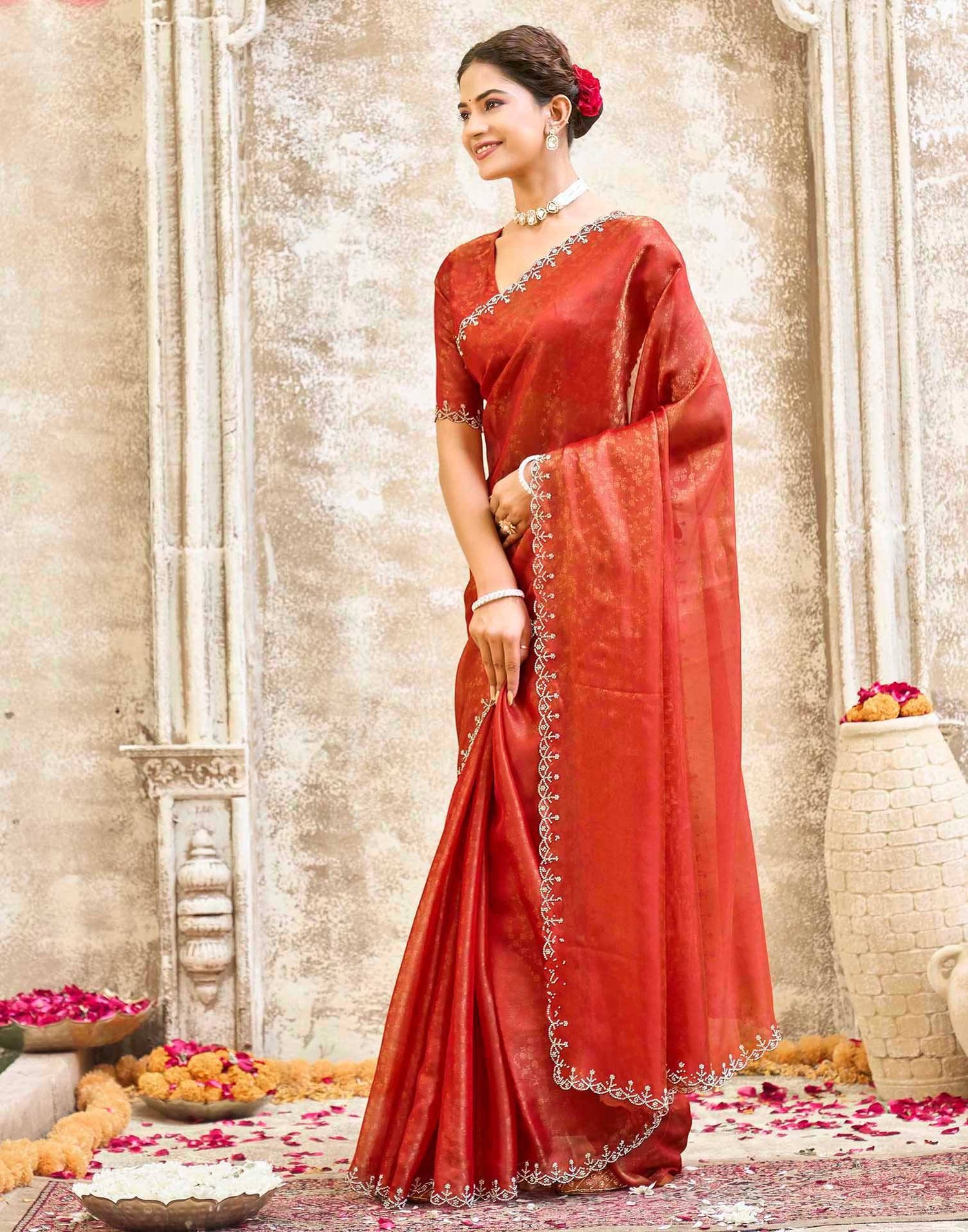 Orange Tissue Satin Stone Work Swarovski saree