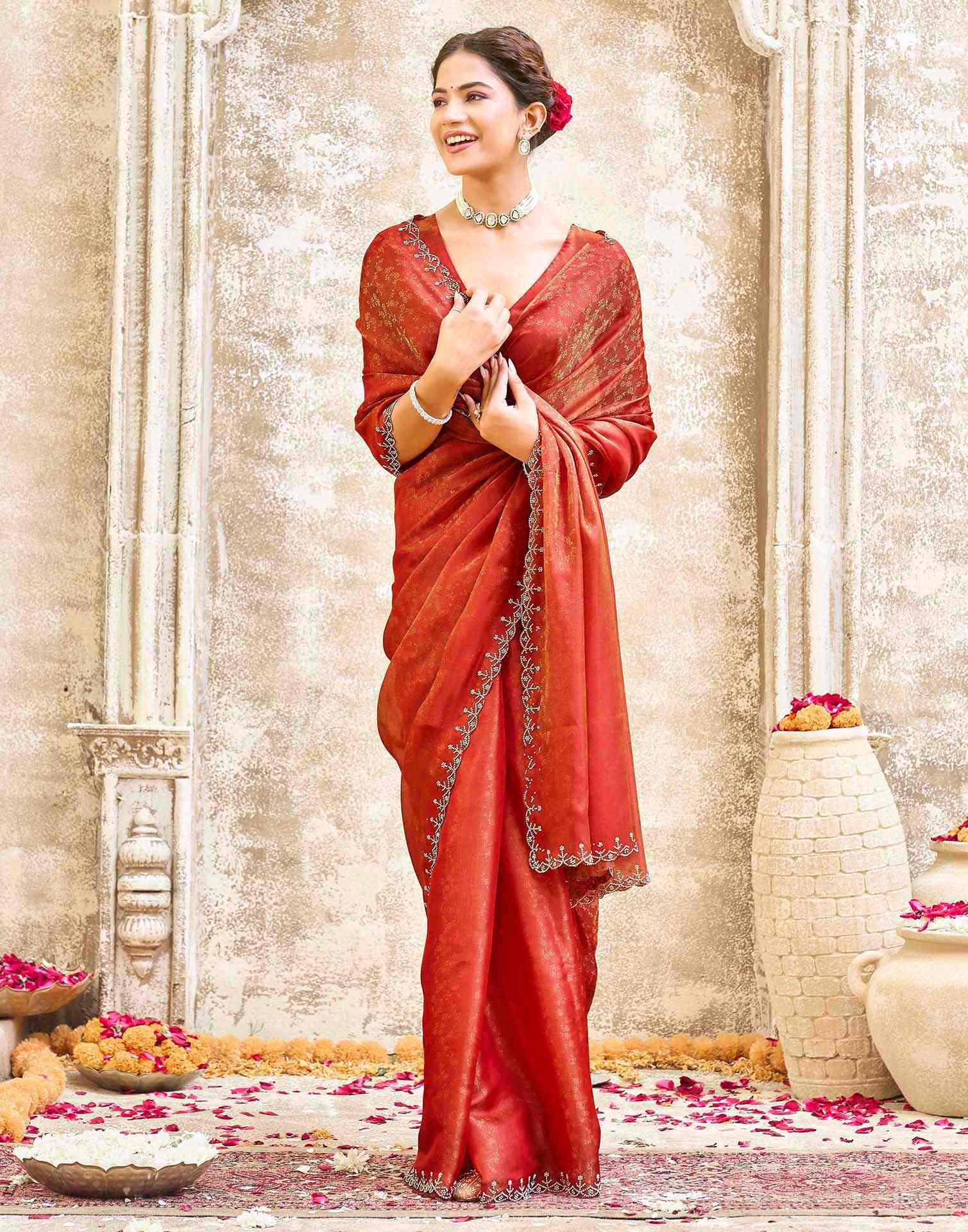 Orange Tissue Satin Stone Work Swarovski saree