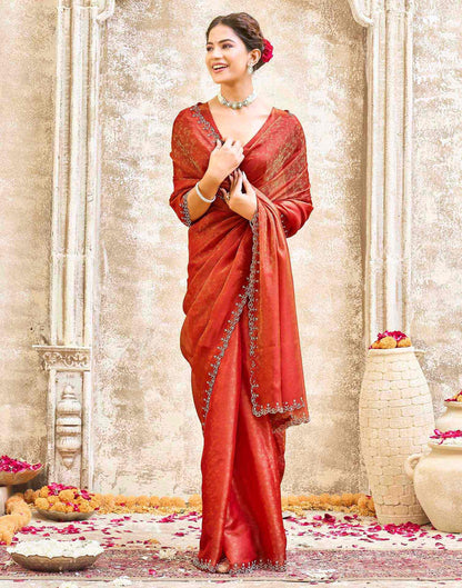 Orange Tissue Satin Stone Work Swarovski saree